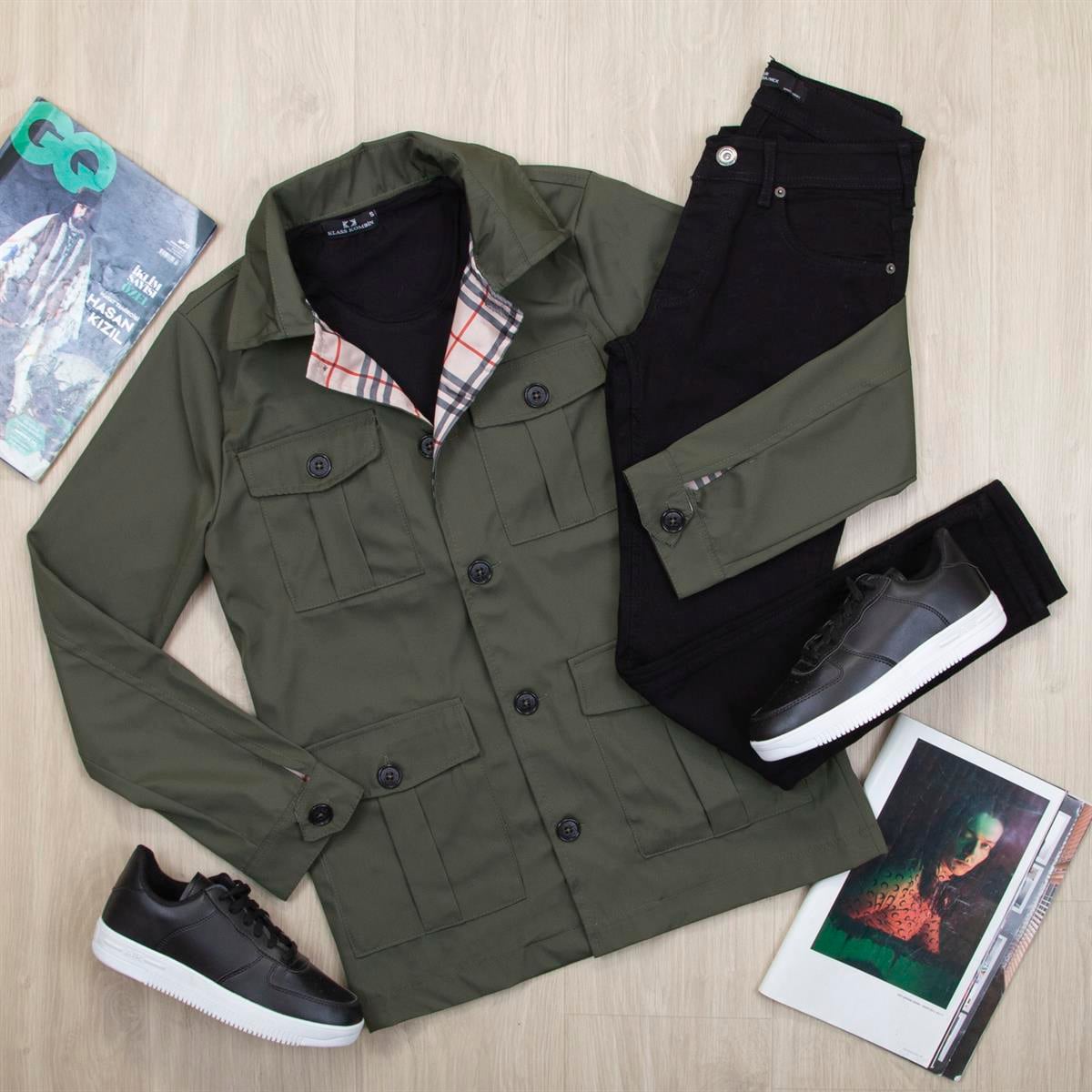 Haki Ceket Tişört Pantolon Ayakkabı Kombin