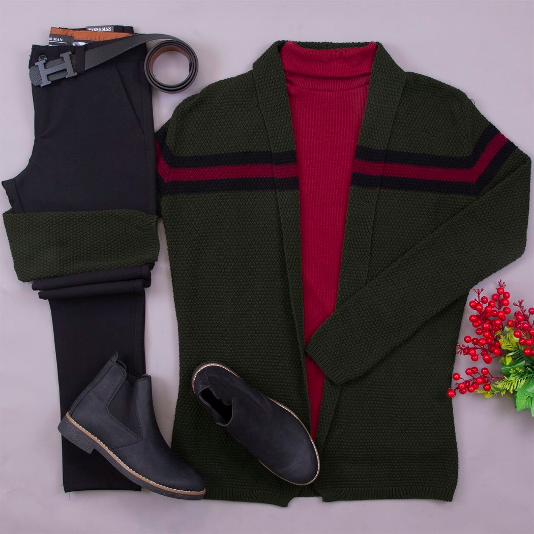 Haki Çizgi Detaylı Hırka Kazak Pantolon Bot Kombin