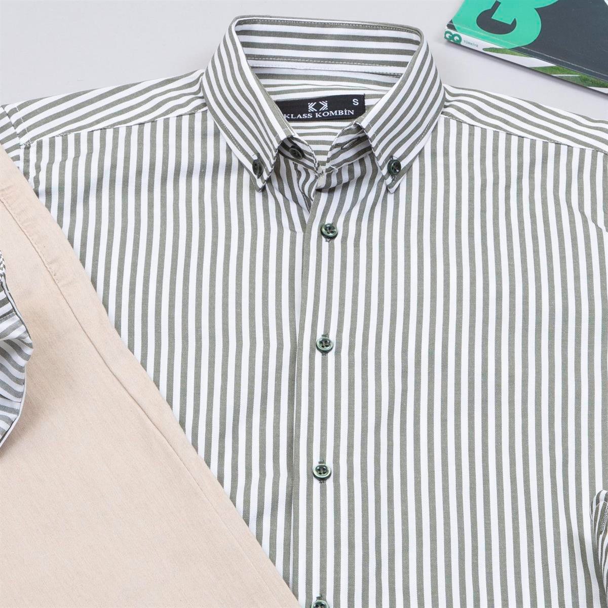 Haki Çizgili Gömlek Pantolon Ayakkabı Kombin