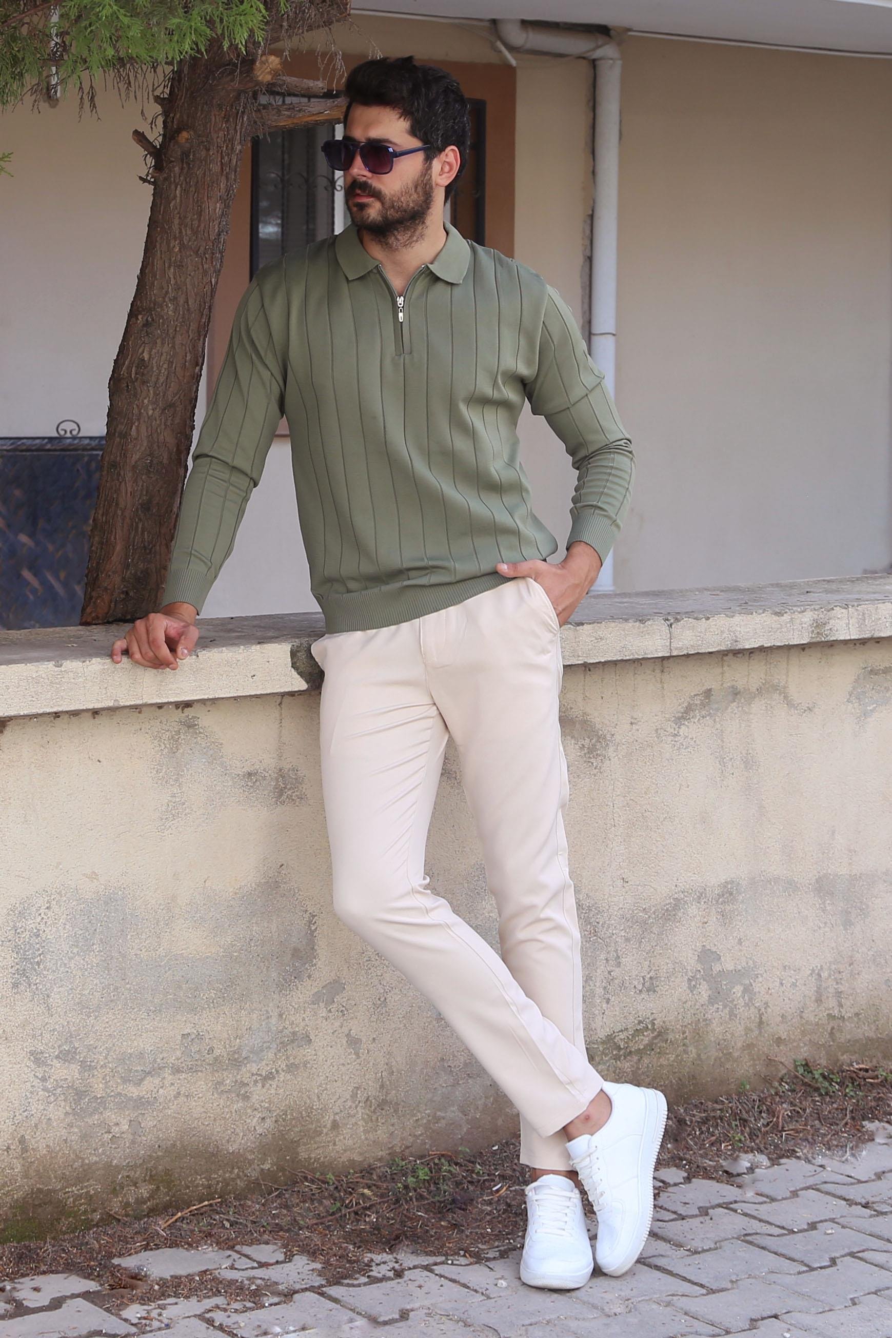 Haki Çizgili Triko Polo Yaka Pantolon Ayakkabı Kombin