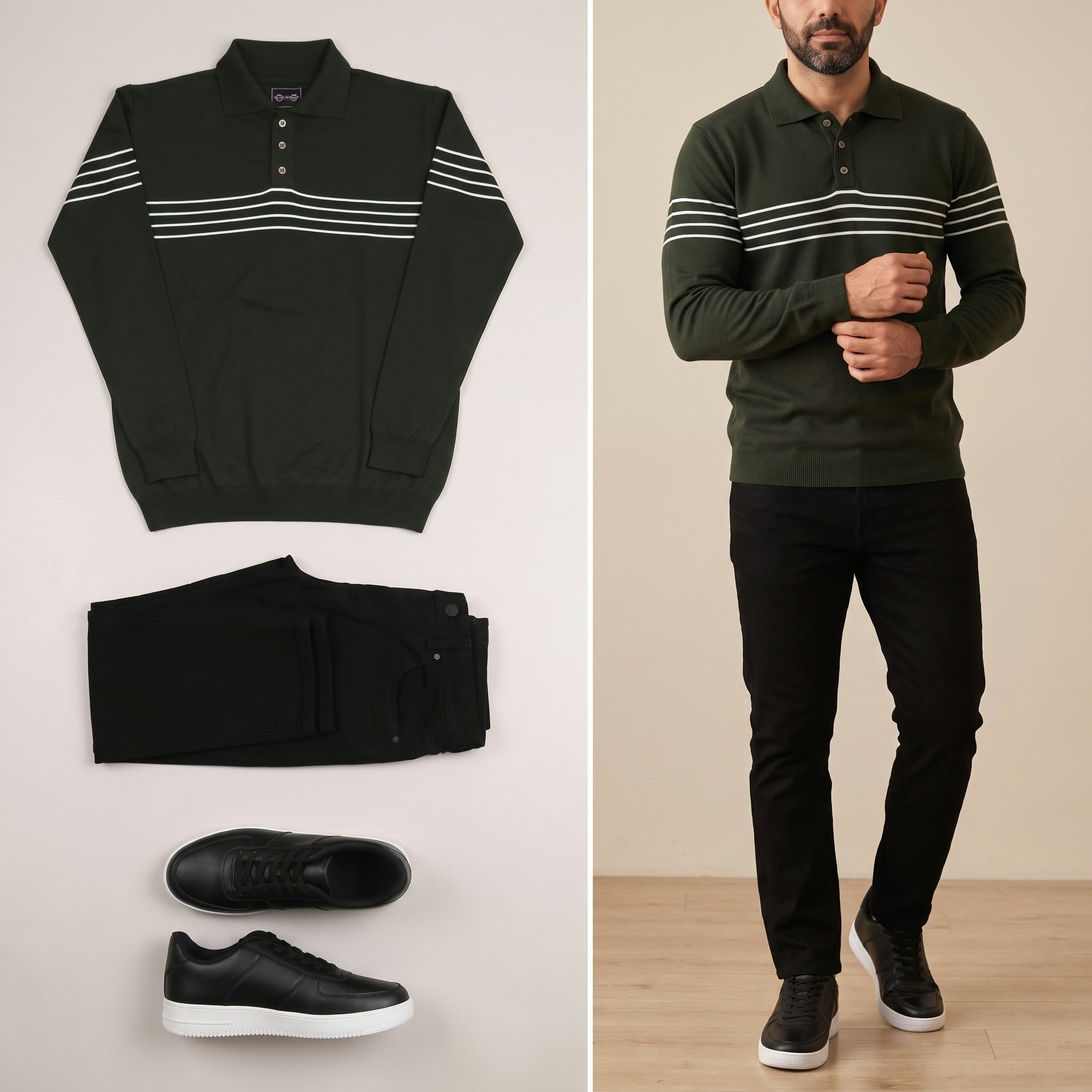 Haki çizgili  triko polo yaka  pantolon ayakkabı kombini