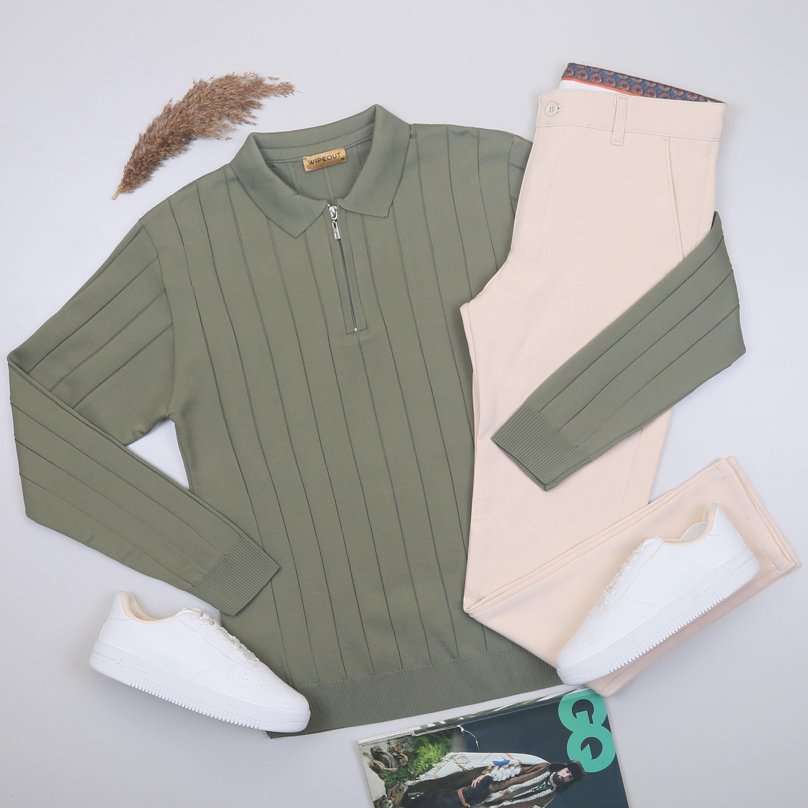 Haki Çizgili Triko Polo Yaka Pantolon Ayakkabı Kombin
