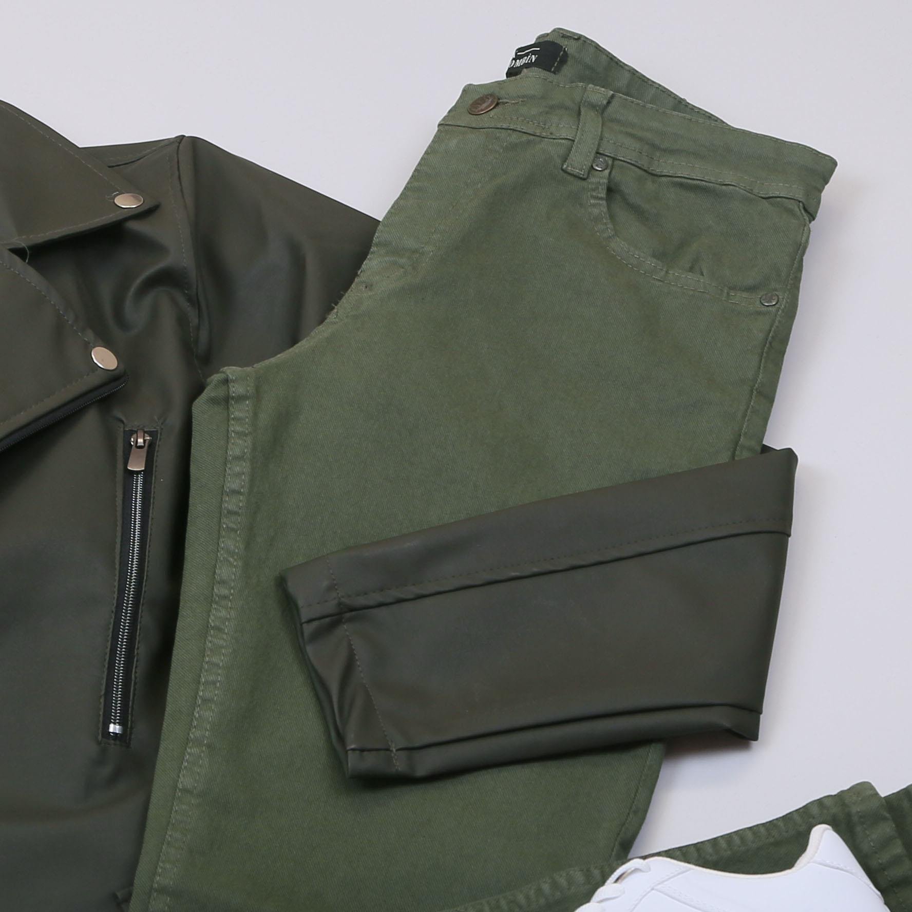 Haki Deri Ceket Boğazlı Body Pantolon Ayakkabı Kombin