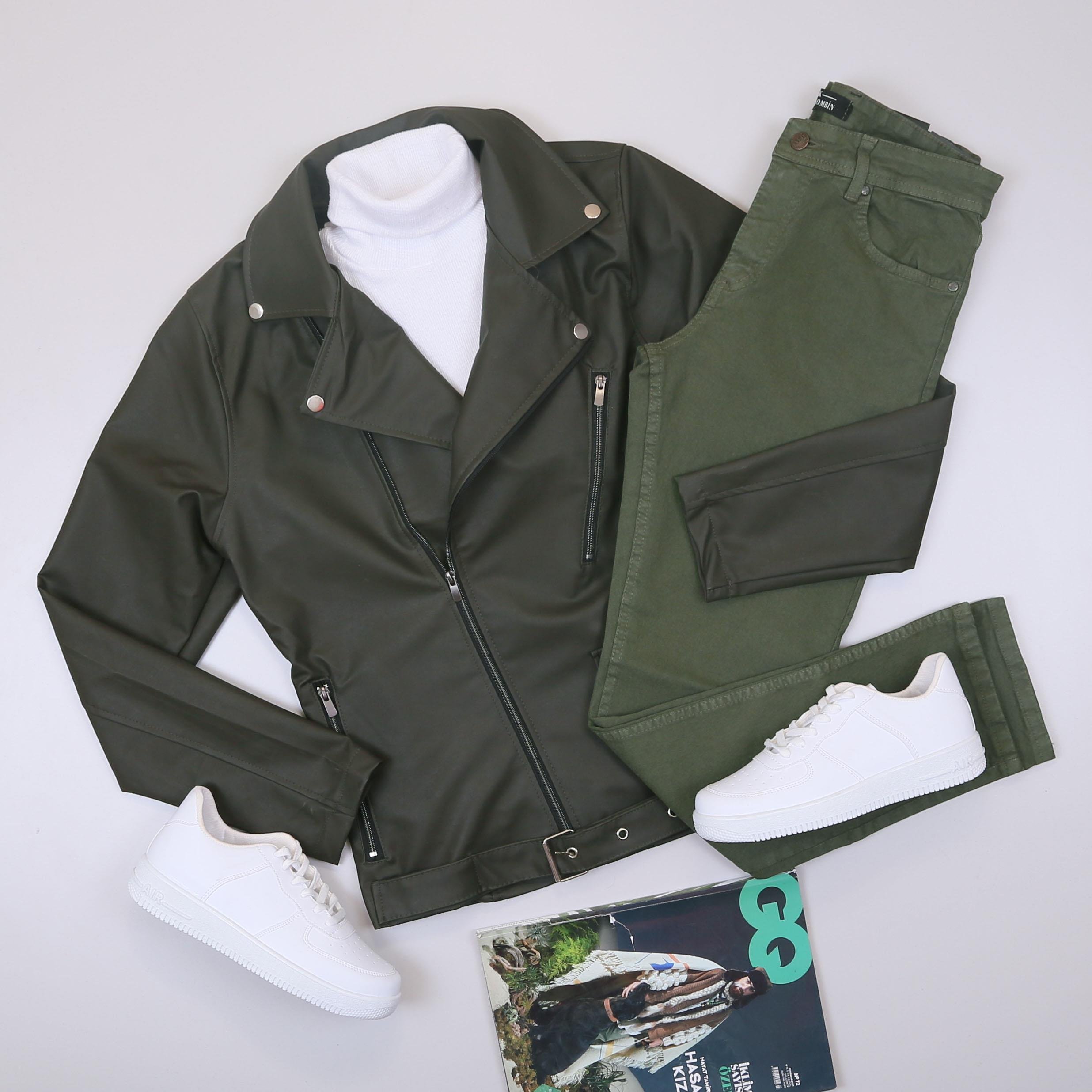 Haki Deri Ceket Boğazlı Body Pantolon Ayakkabı Kombin