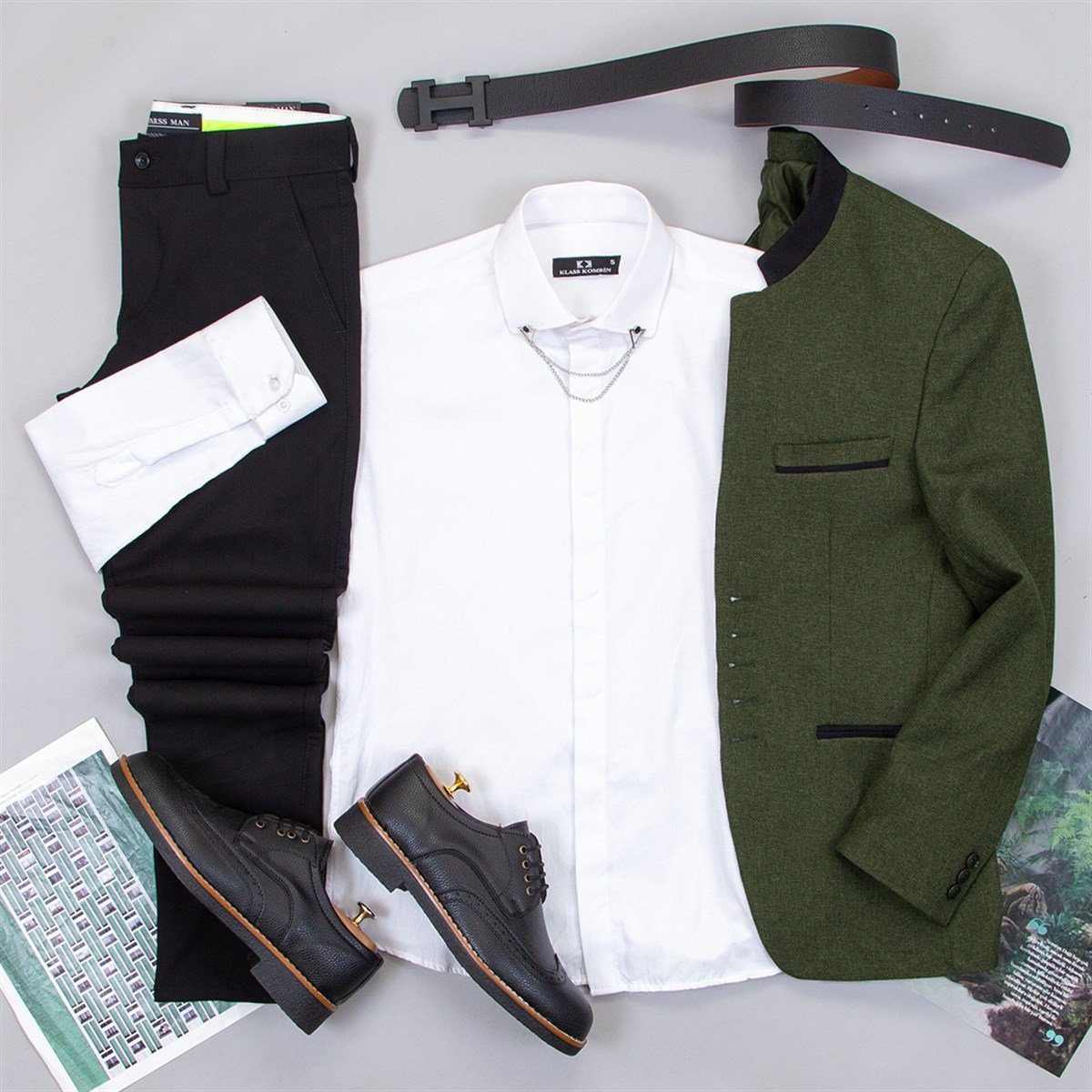 Haki Dik Yaka Blazer Ceket Gömlek Pantolon Ayakkabı Kombin