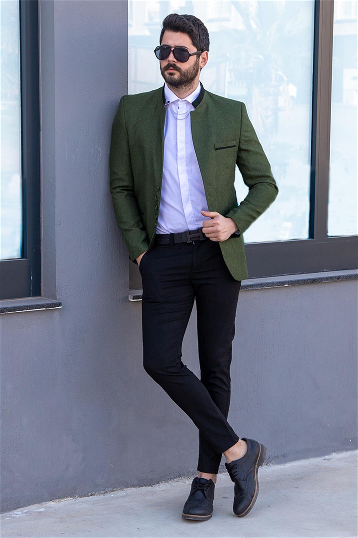 Haki Dik Yaka Blazer Ceket Gömlek Pantolon Ayakkabı Kombin