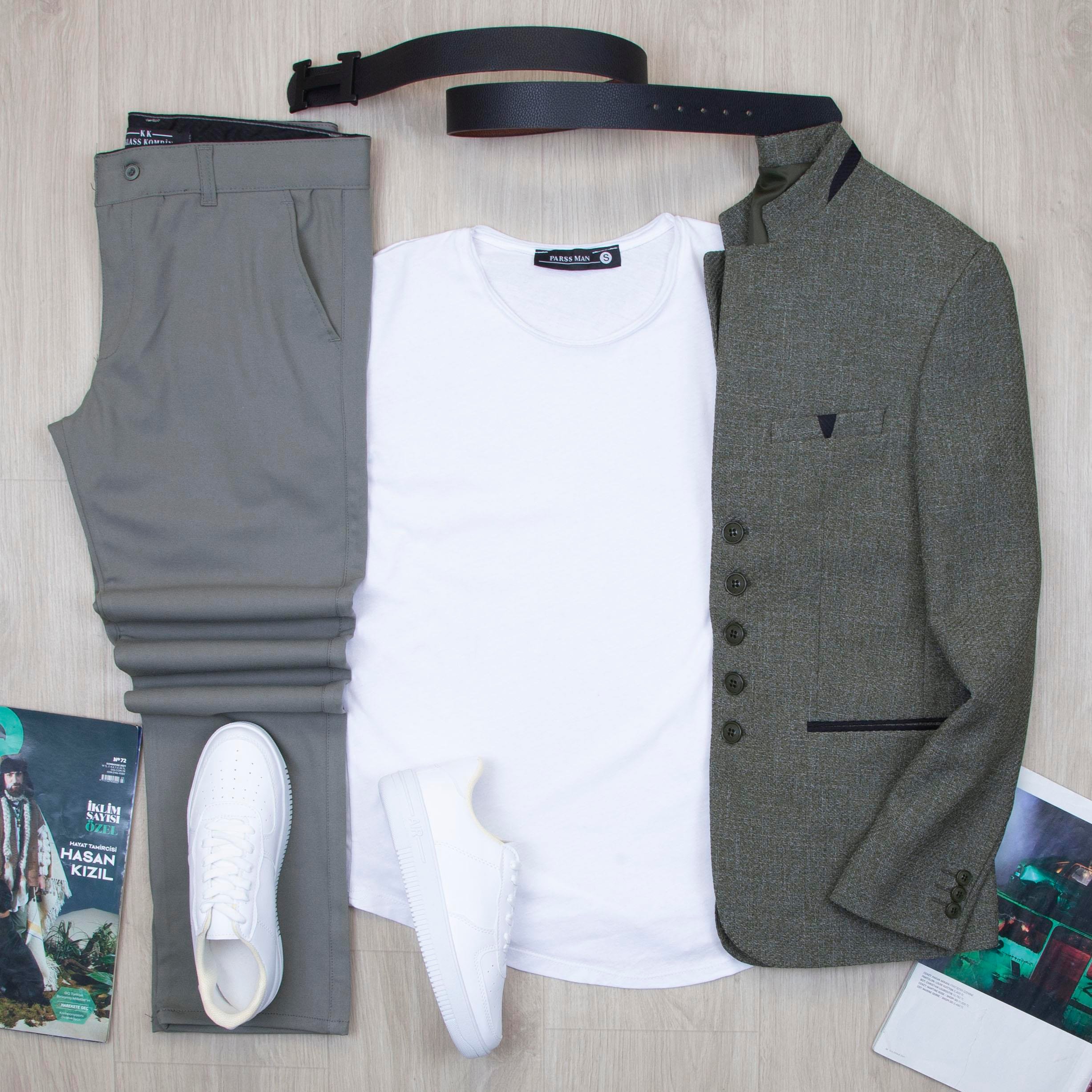 Haki Dik Yaka Blazer Ceket Tişört Pantolon Ayakkabı Kombin