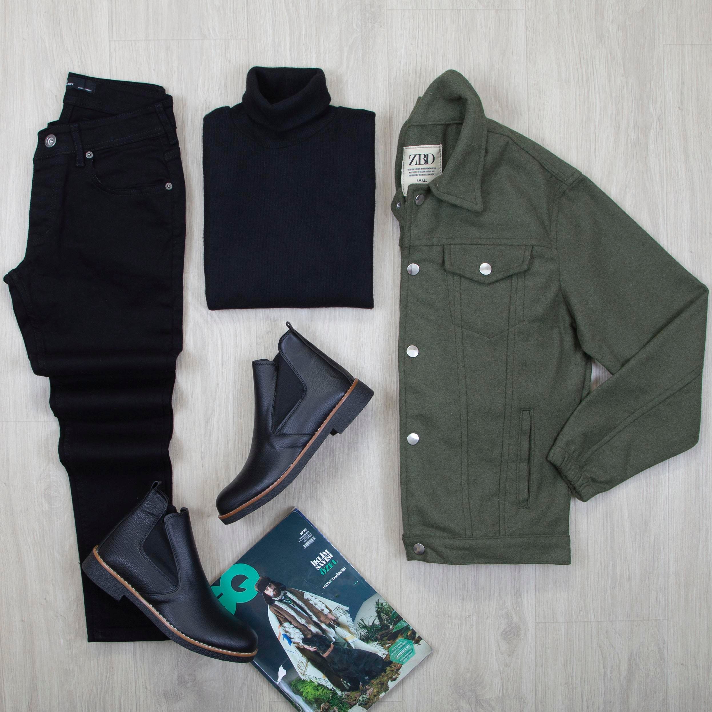 Haki Kaşe Ceket Boğazlı Body Pantolon Bot Kombin