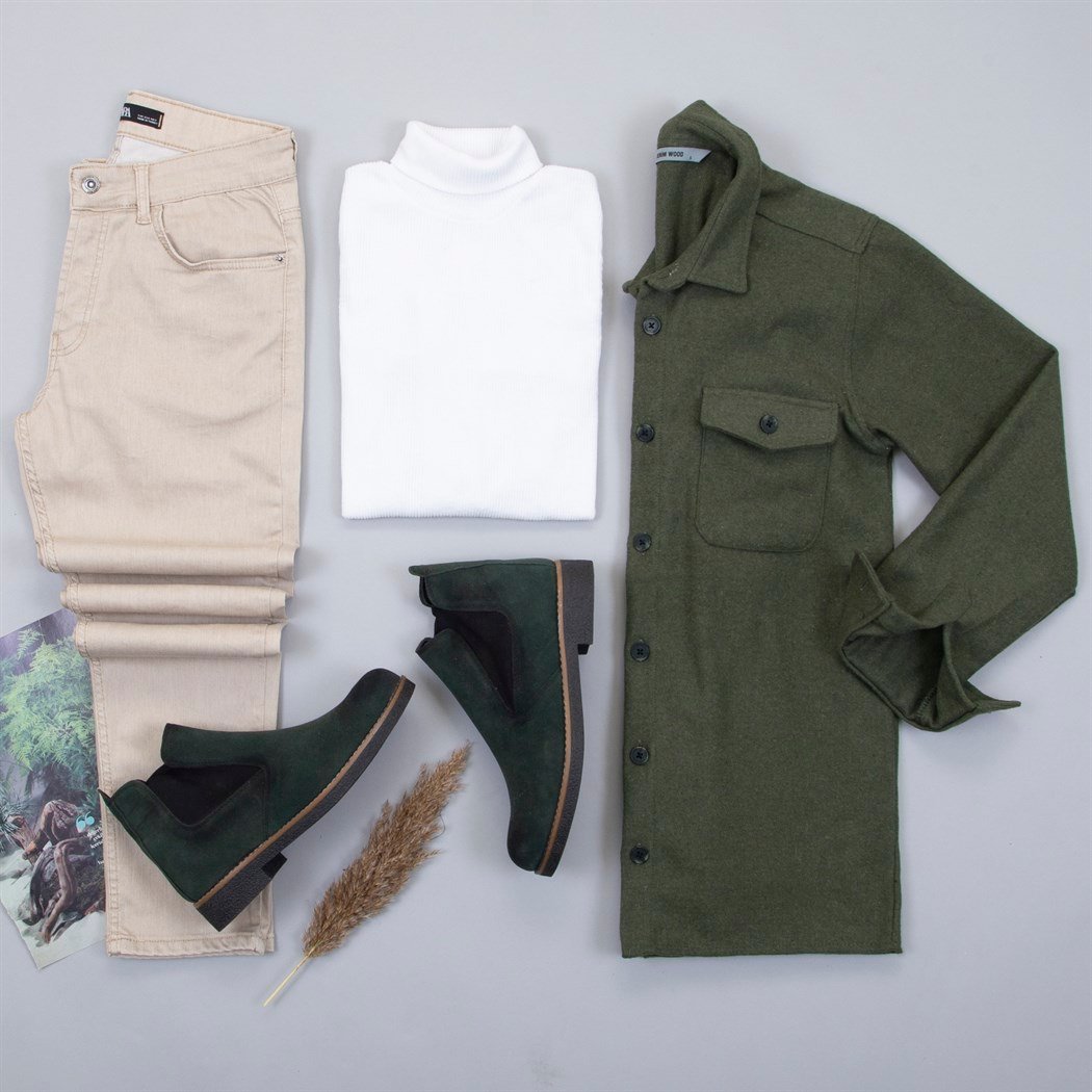 Haki Kaşe Gömlek Boğazlı Kazak Pantolon Bot Kombin