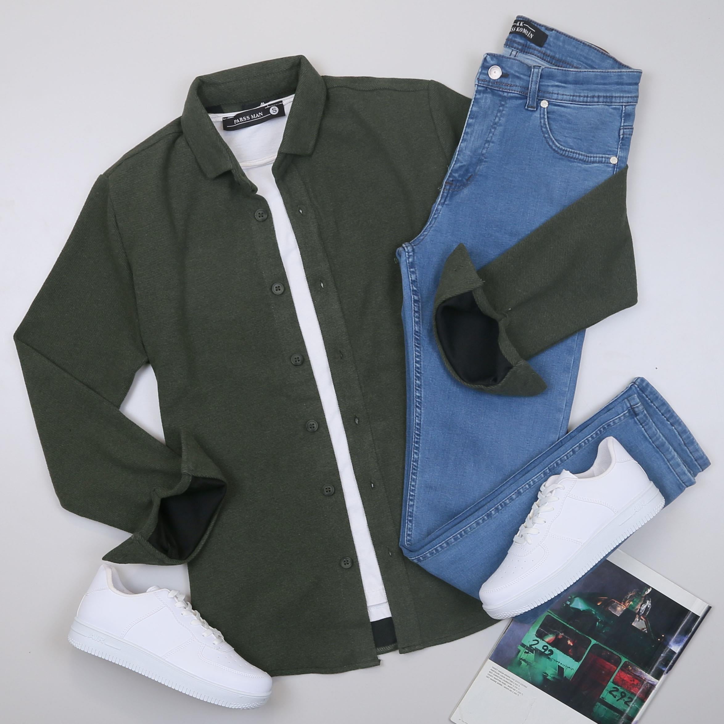 Haki Kaşe Gömlek Tişört Pantolon Ayakkabı Kombin