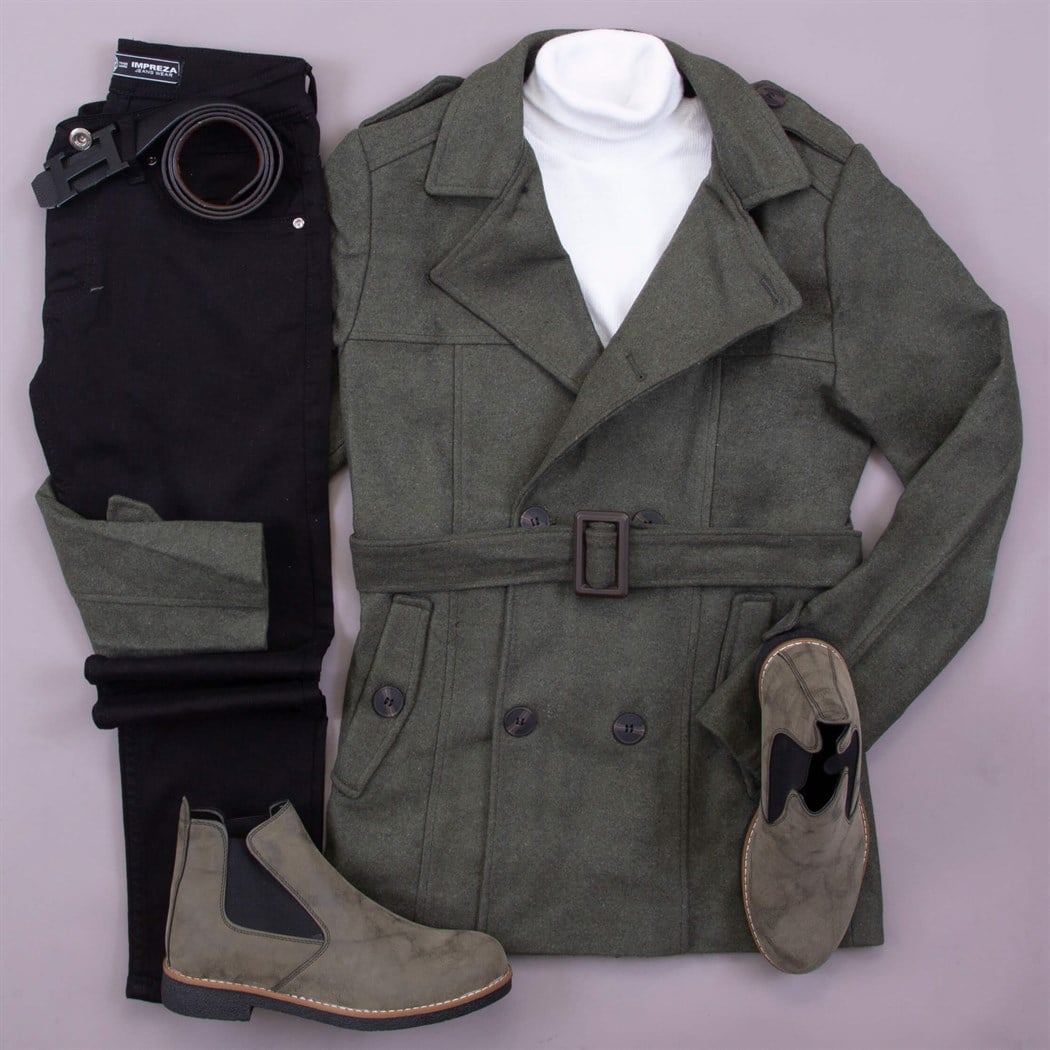 Haki Kemerli Kaban Kazak Pantolon Bot Kombin