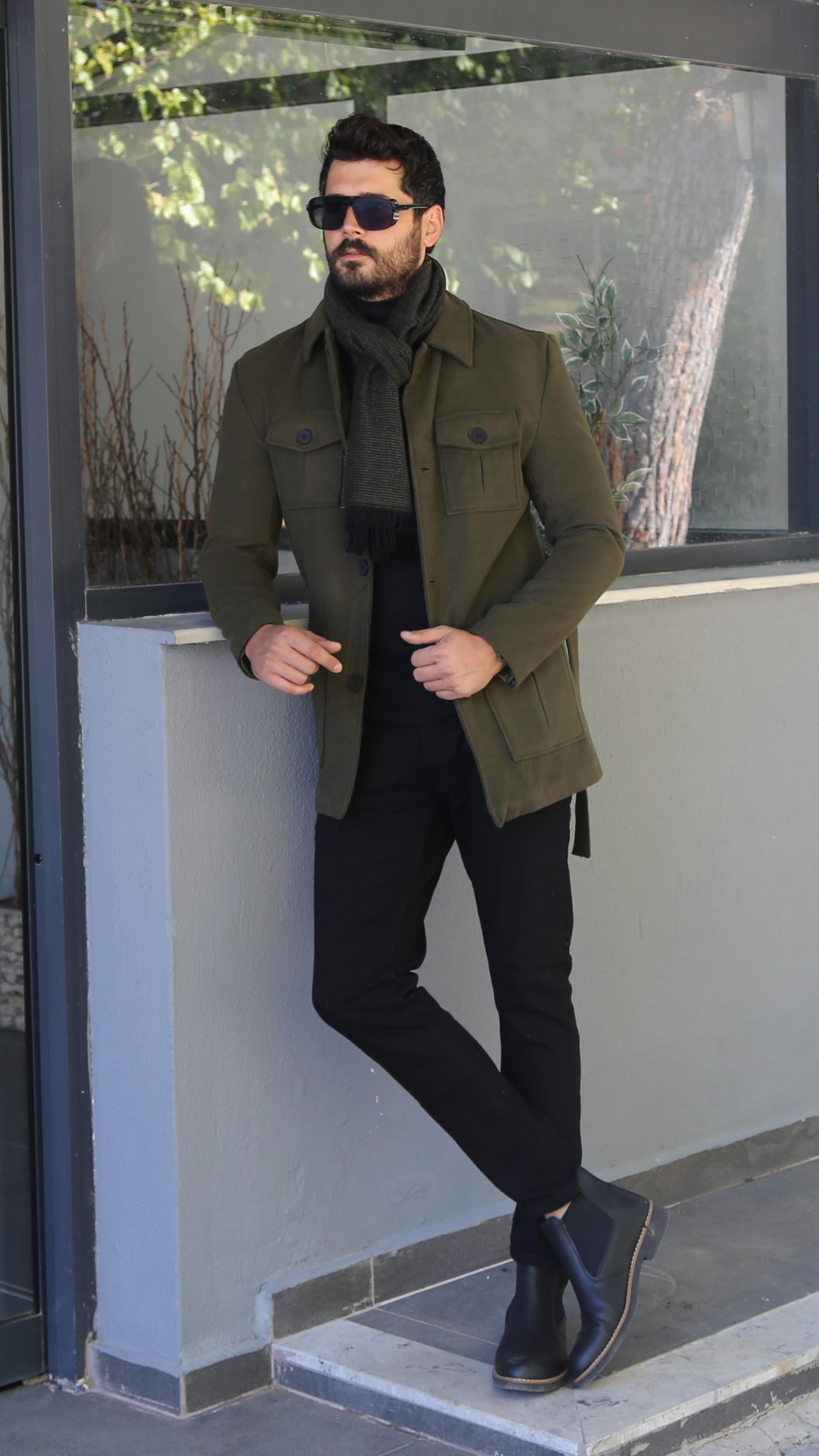 Haki Kemerli Kaşe Kaban Kombini