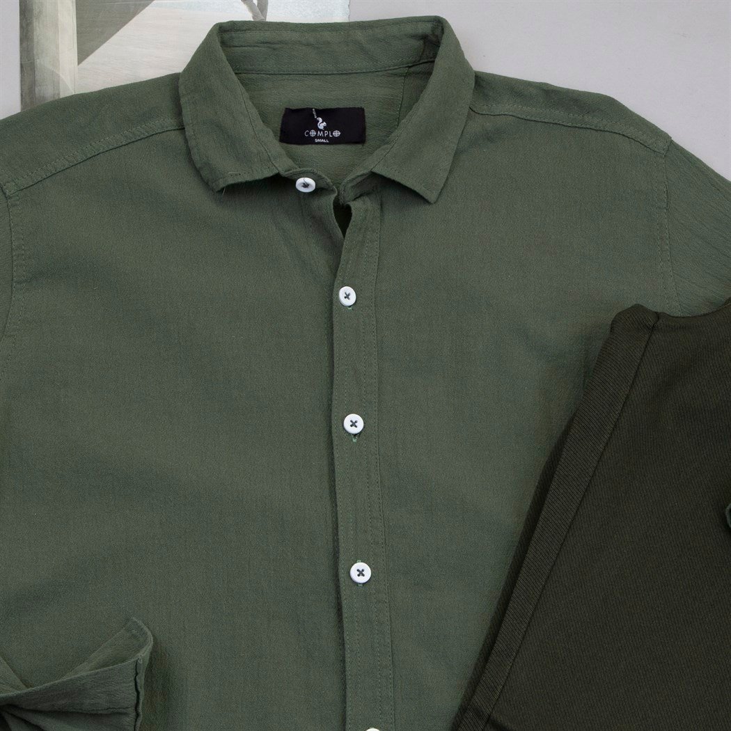 Haki Keten Gömlek Pantolon Ayakkabı Kombin