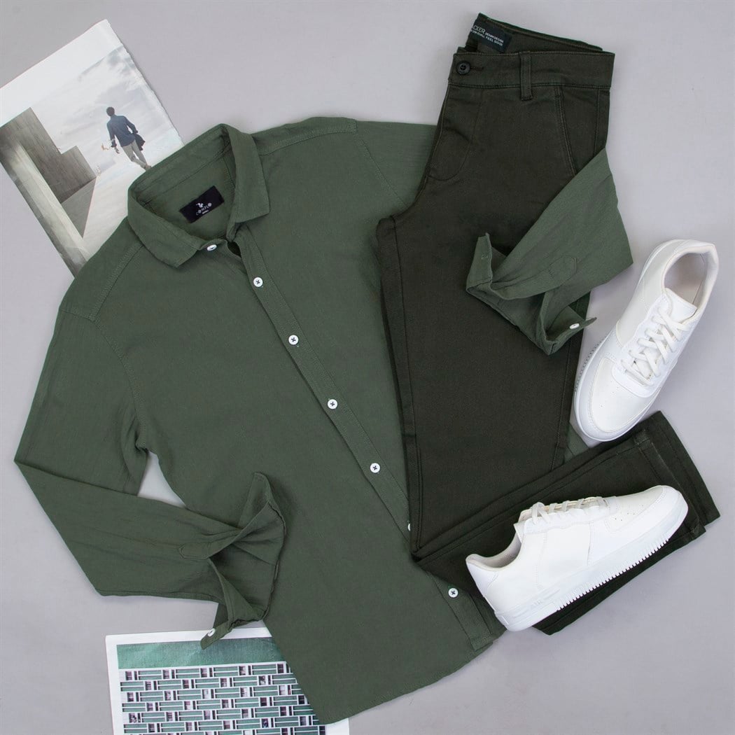 Haki Keten Gömlek Pantolon Ayakkabı Kombin