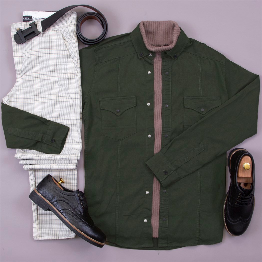 Haki Kot Gömlek Kazak Pantolon Ayakkabı Kombin