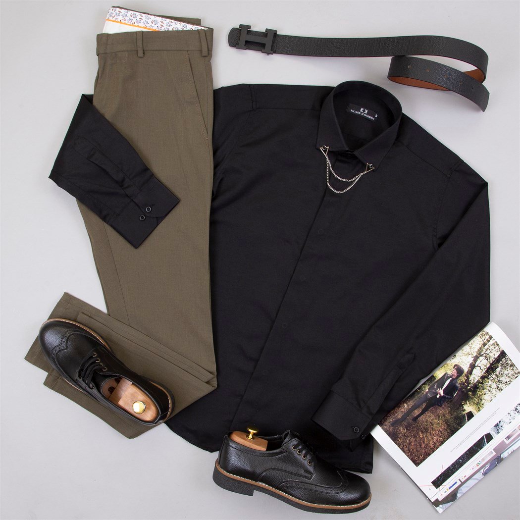 Haki Kumaş Pantolon Gömlek Ayakkabı Kombin