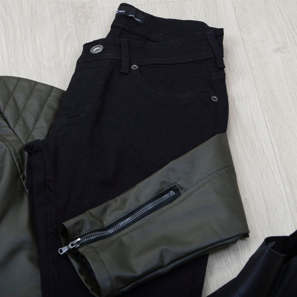 Haki Kürklü Deri Ceket Boğazlı Body Pantolon Ayakkabı Kombin