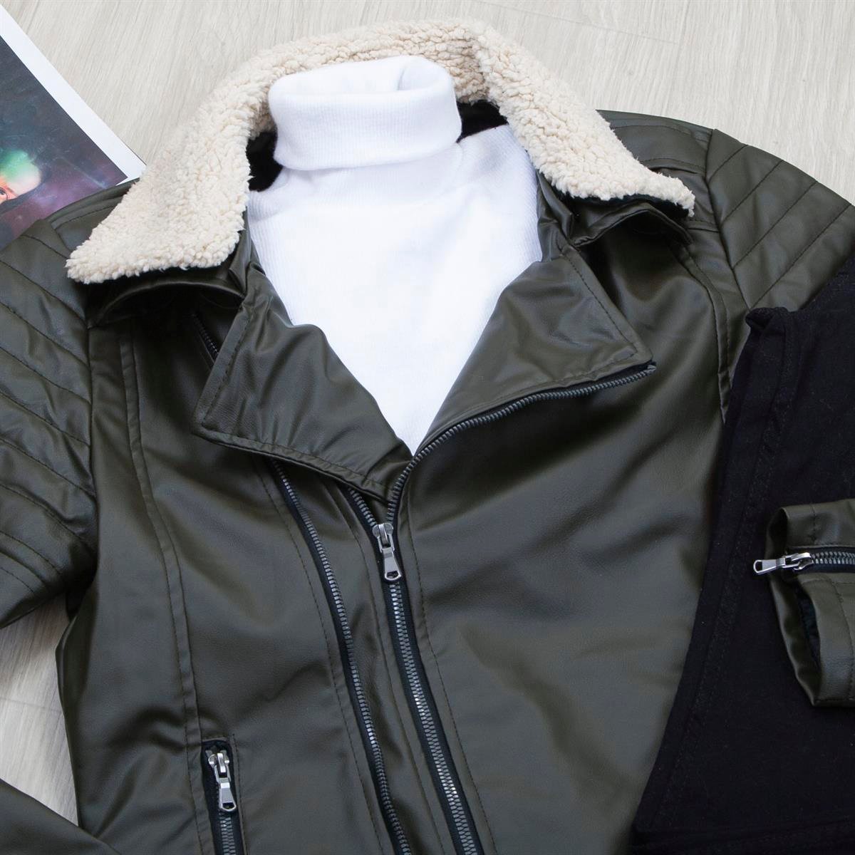 Haki Kürklü Deri Ceket Boğazlı Body Pantolon Ayakkabı Kombin