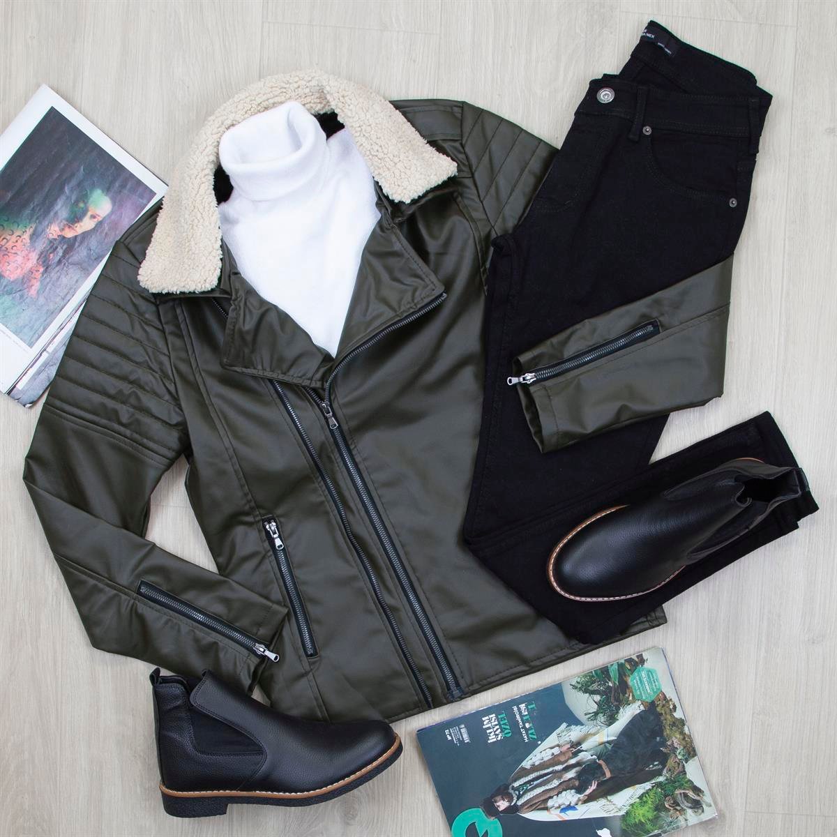 Haki Kürklü Deri Ceket Boğazlı Body Pantolon Ayakkabı Kombin