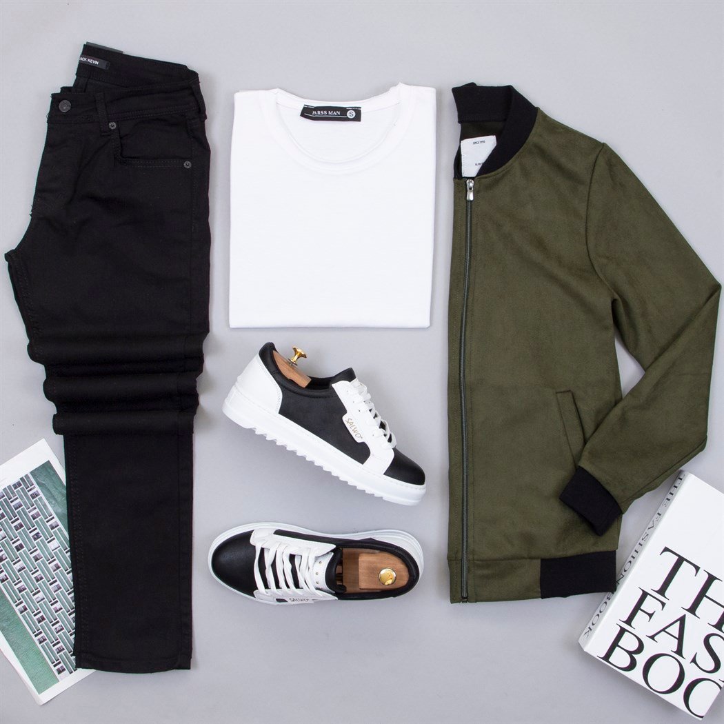 Haki Nubuk Ceket Tişört Pantolon Ayakkabı Kombin