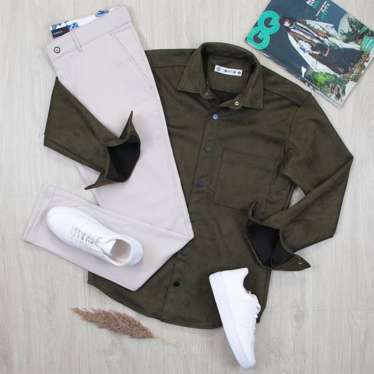 Haki Nubuk Gömlek Pantolon Ayakkabı Kombin