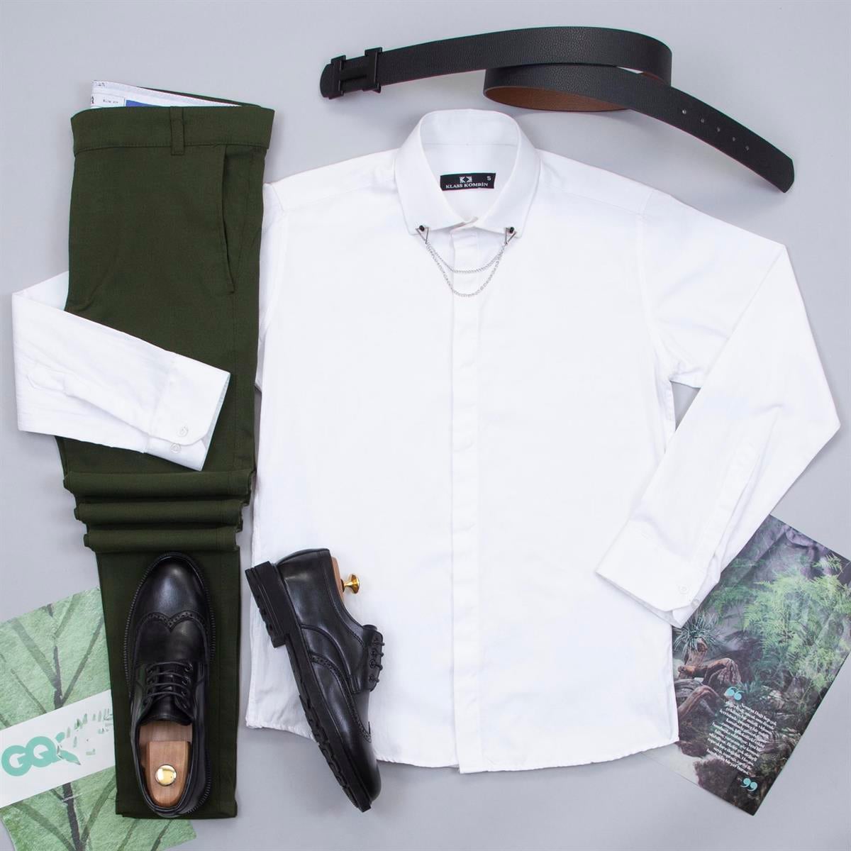 Haki Pantolon Beyaz Gömlek Ayakkabı Kombin