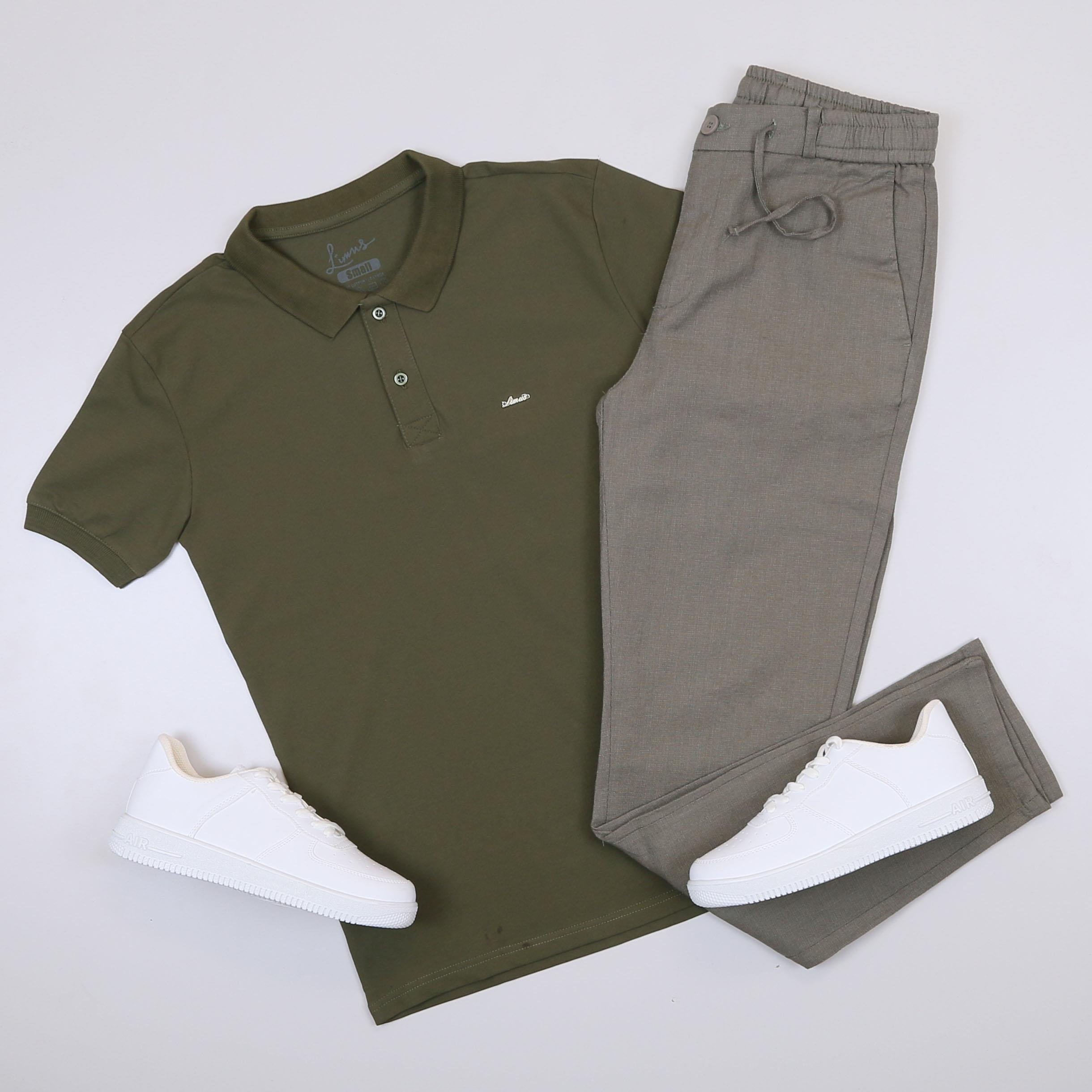 Haki Polo Yaka Tişört Pantolon Ayakkabı Kombin