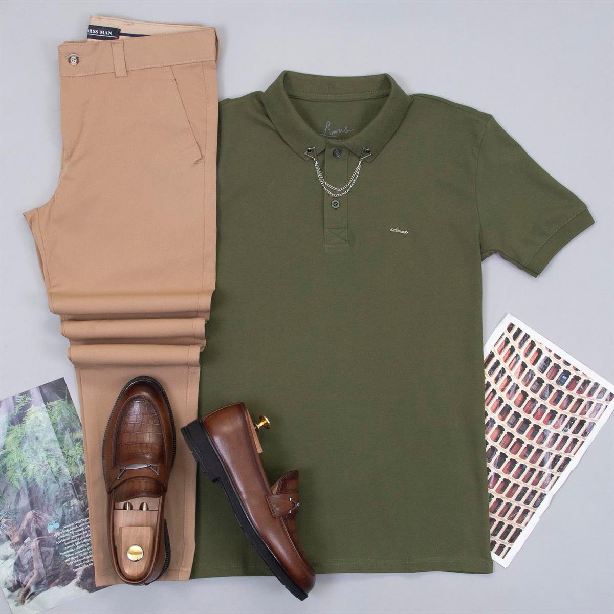 Haki Polo Yaka Tişört Pantolon Ayakkabı Kombin