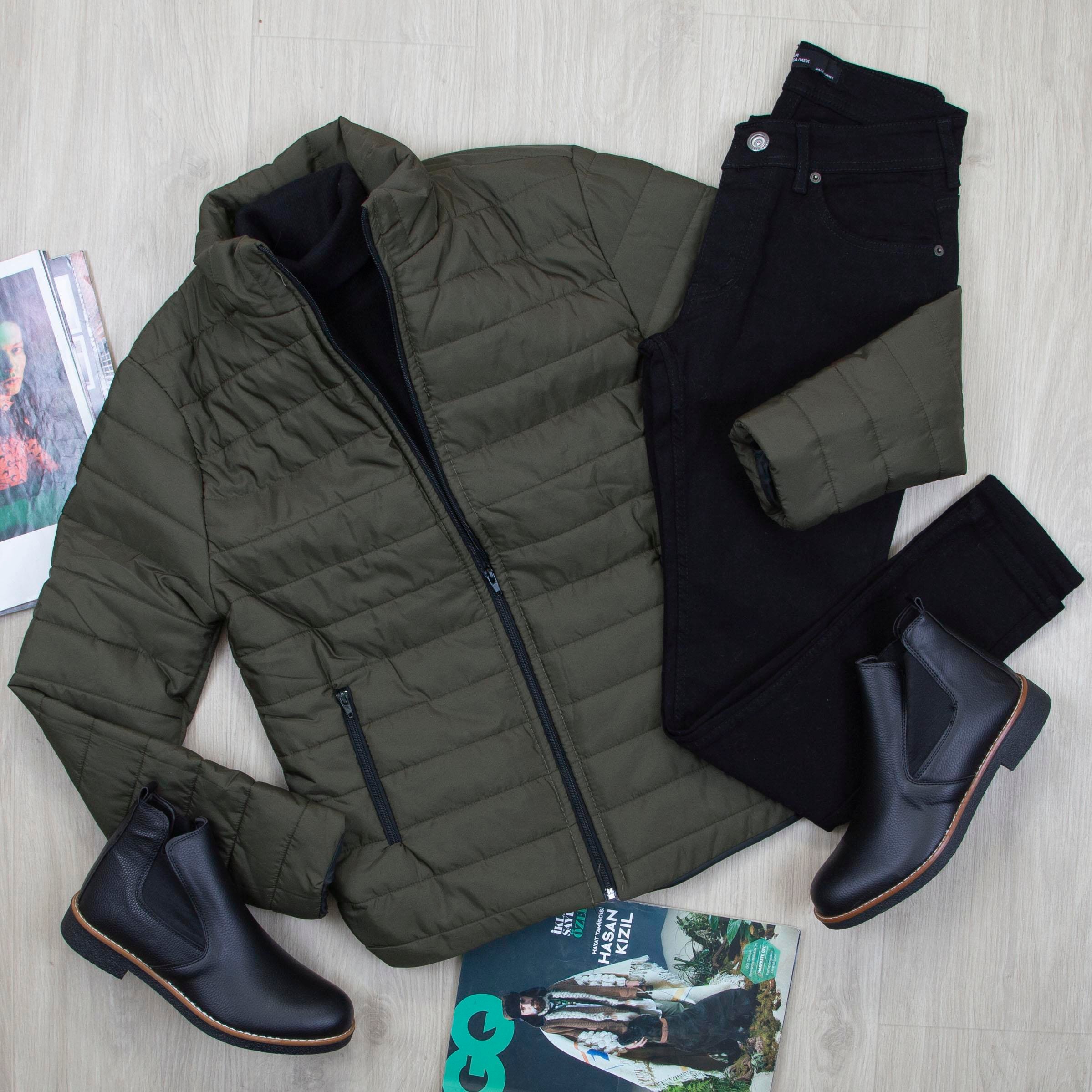 Haki Şişme Mont Boğazlı Body Pantolon Bot Kombin