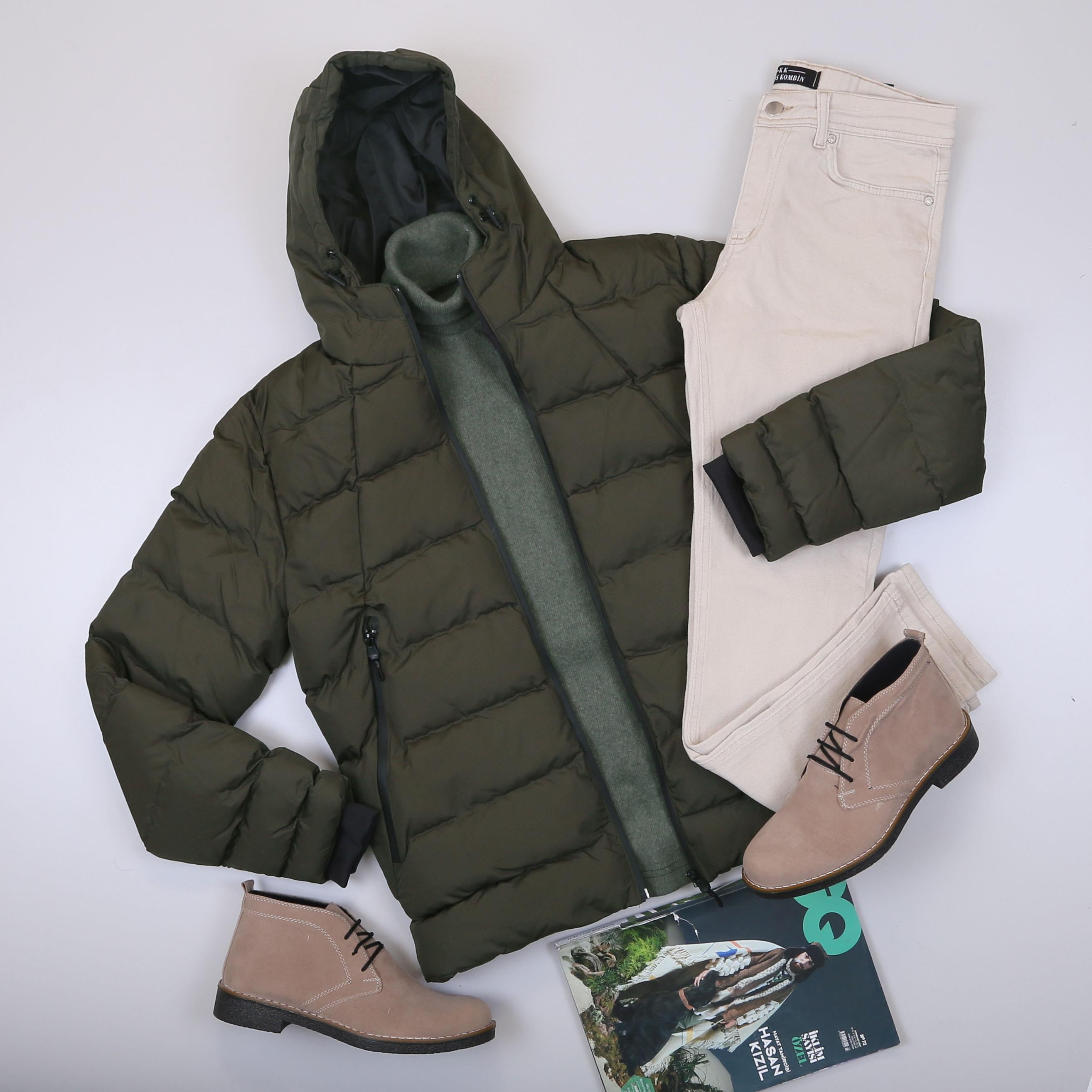 Haki Şişme Mont Boğazlı Body Pantolon Bot Kombin