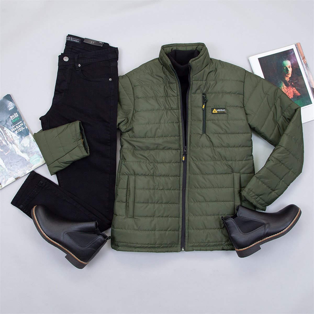 Haki Şişme Mont Boğazlı Kazak Pantolon Bot Kombin