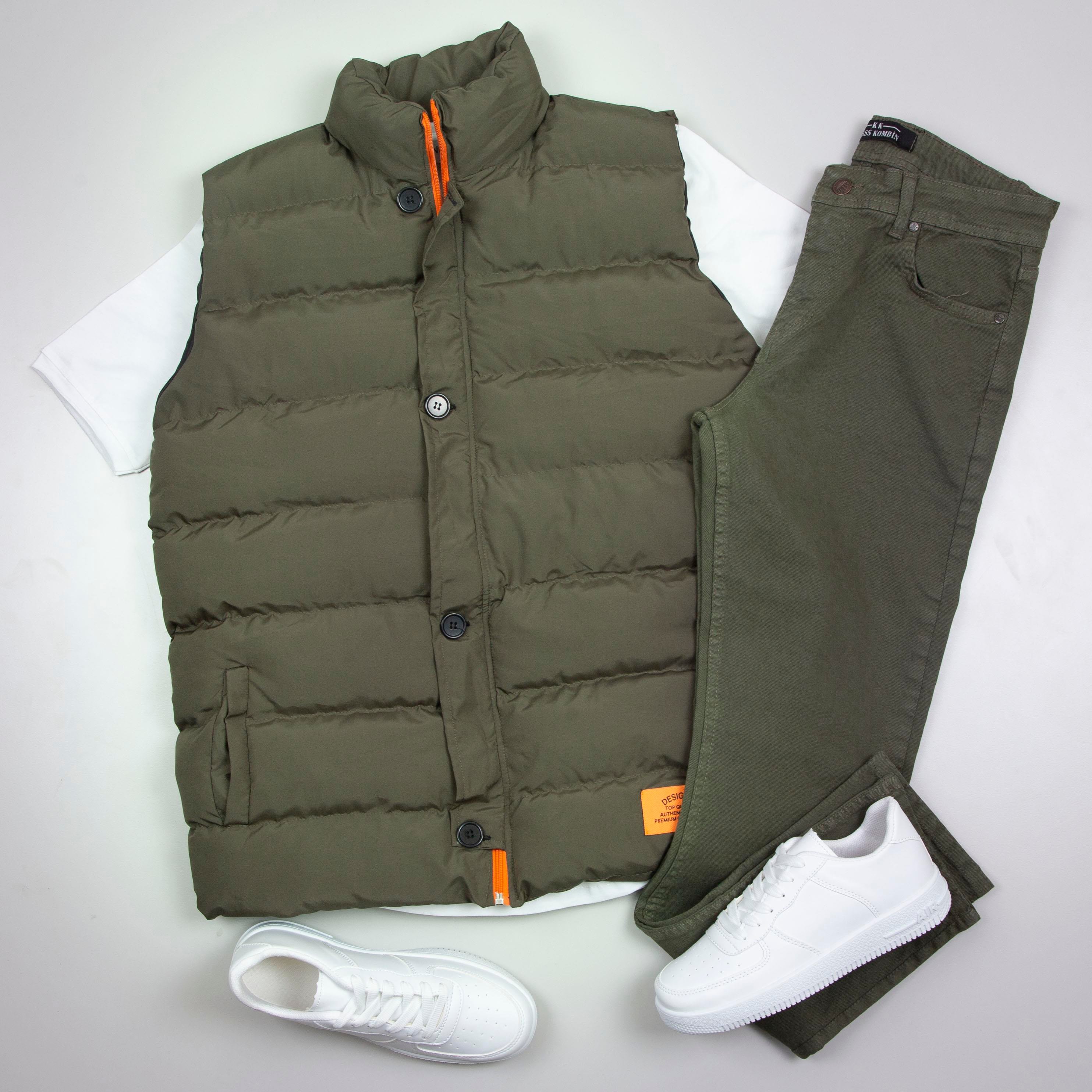 Haki Şişme Yelek Basic Pantolon Ayakkabı Kombin