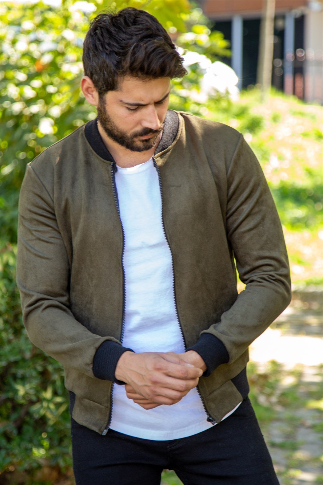 Haki slim fit süet ceket