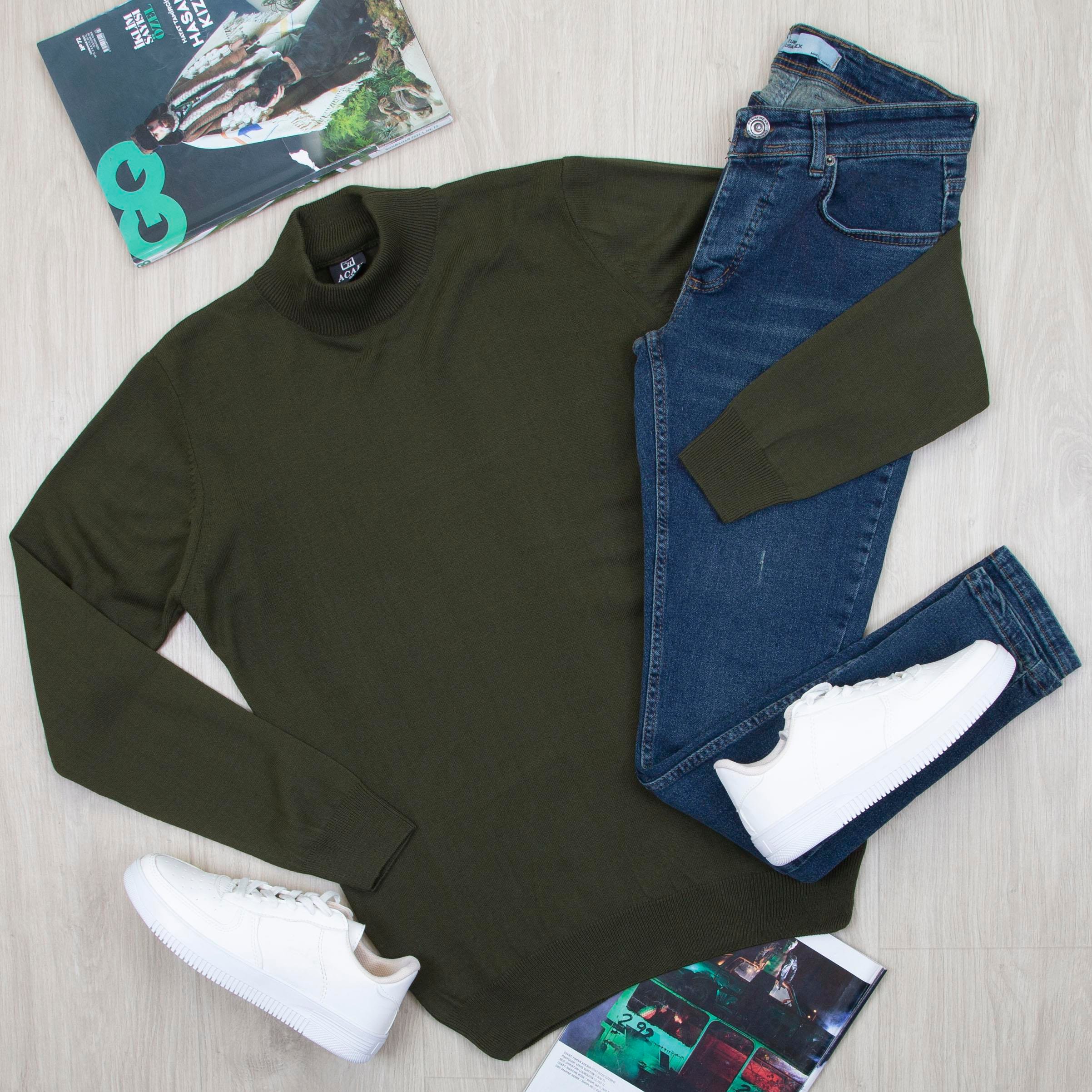 Haki Yarım Balıkçı Kazak Pantolon Ayakkabı Kombin