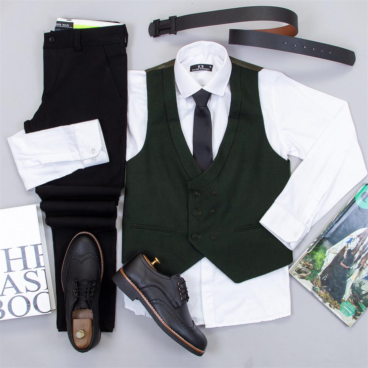 Haki Yelek Gömlek Pantolon Ayakkabı Kombin