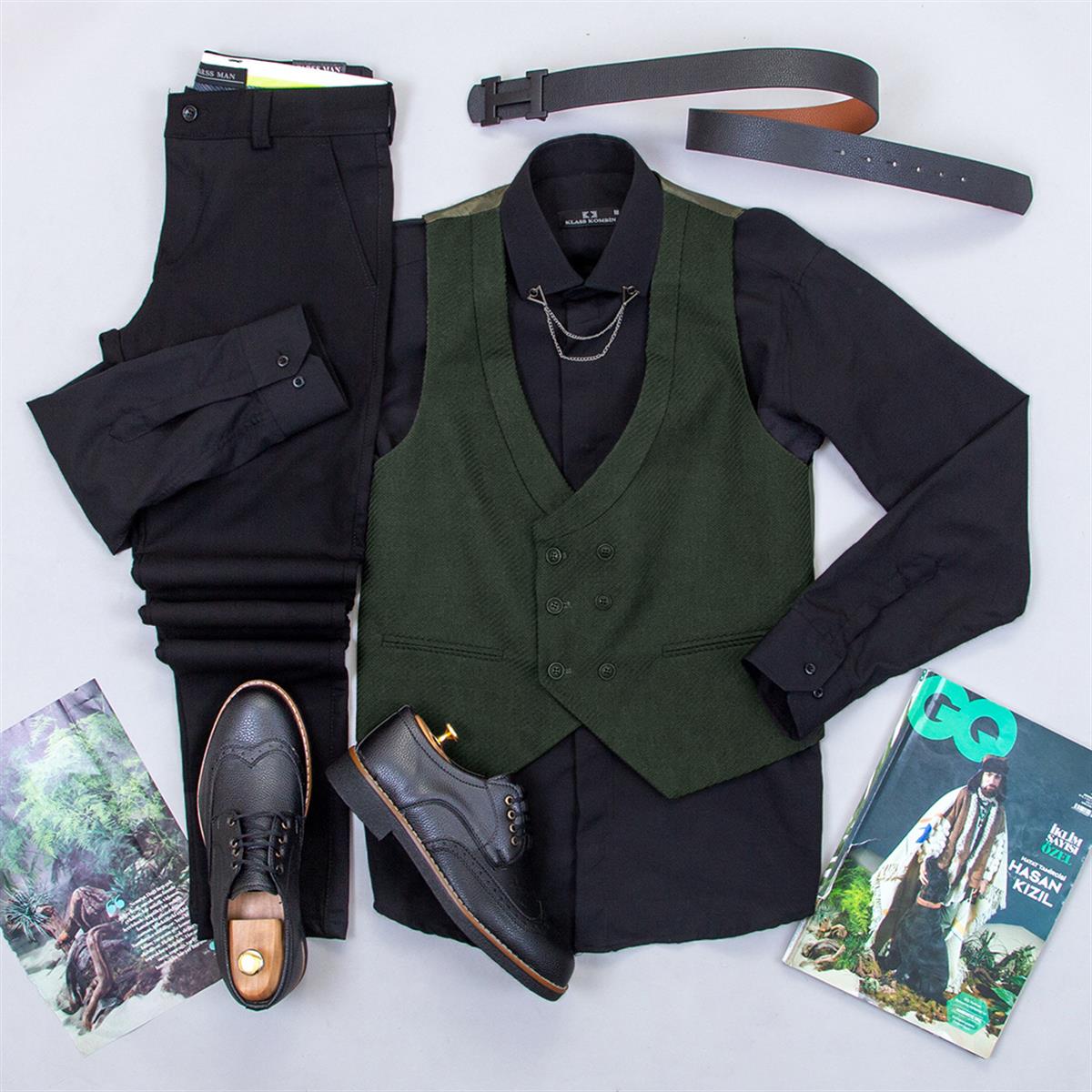 Haki Yelek Gömlek Pantolon Ayakkabı Kombin