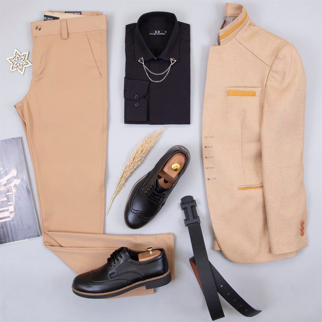 Hardal Dik Yaka Ceket Gömlek Pantolon Ayakkabı