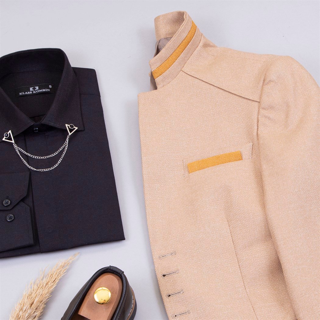 Hardal Dik Yaka Ceket Gömlek Pantolon Ayakkabı