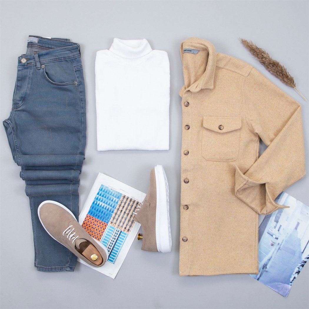 Hardal Kaşe Gömlek Boğazlı Kazak Pantolon Ayakkabı Kombin