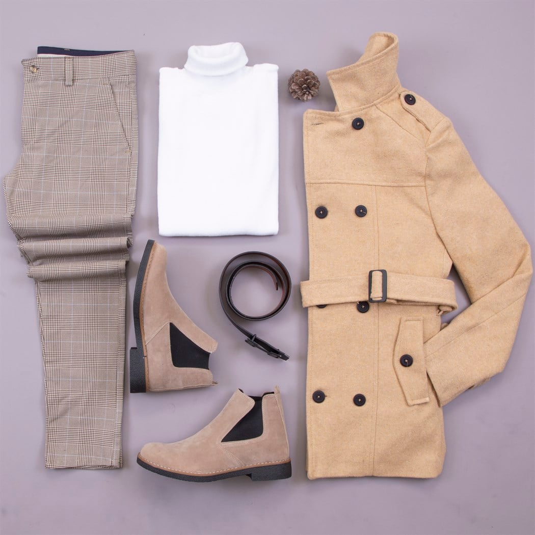 Hardal Kaşe Kaban Ekoseli Pantolon Boğazlı Kazak Bot Kombin