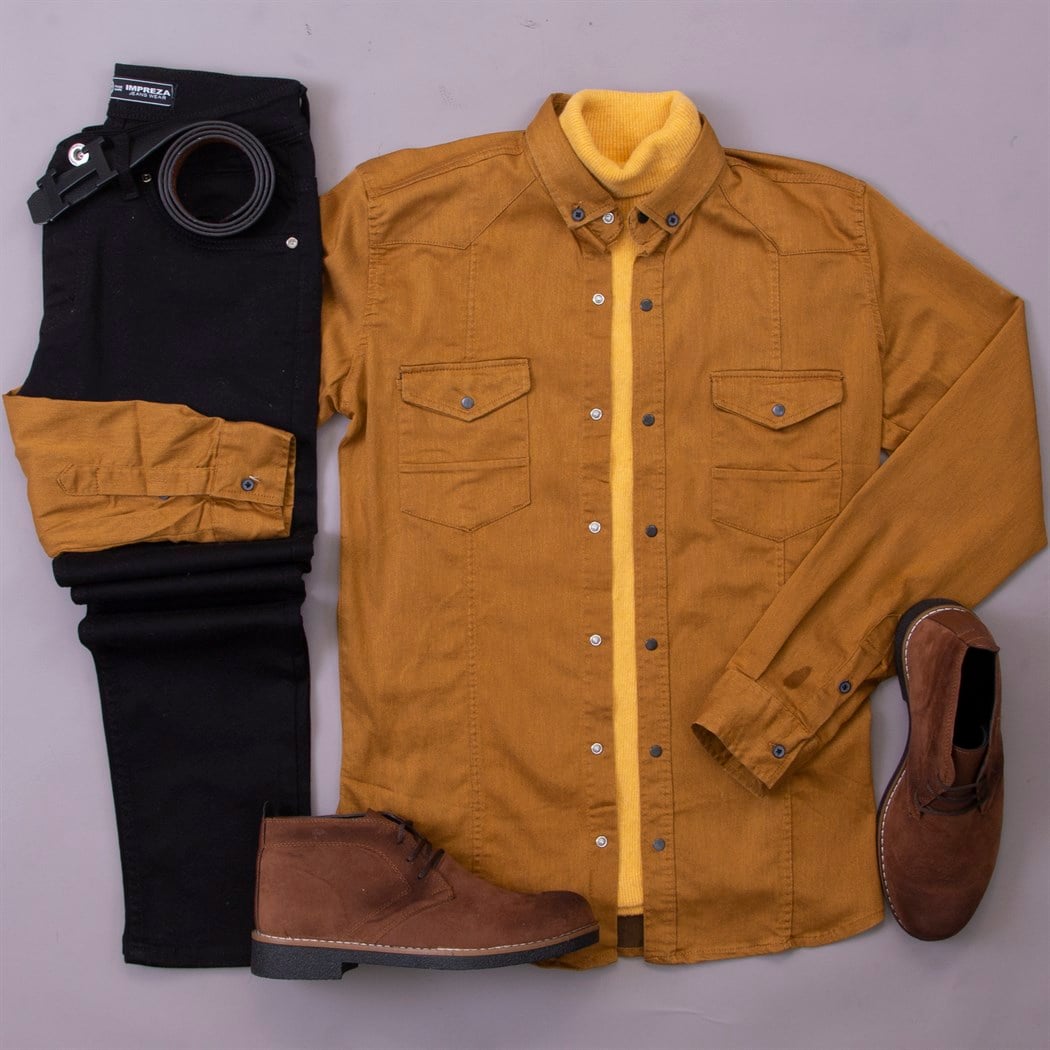 Hardal Kot Gömlek Kazak Pantolon Bot Kombin