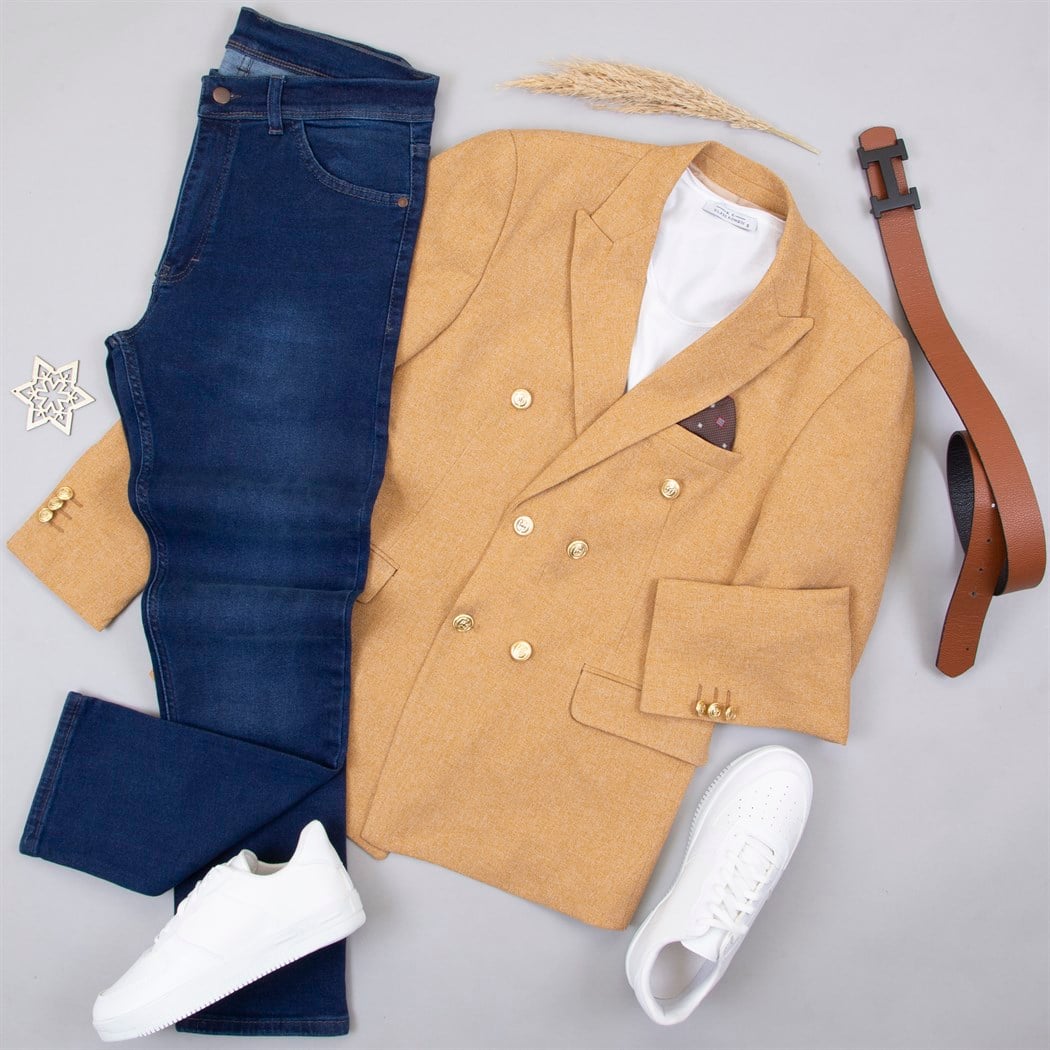 Hardal Kruvaze Ceket Tişört Pantolon Ayakkabı Kombin