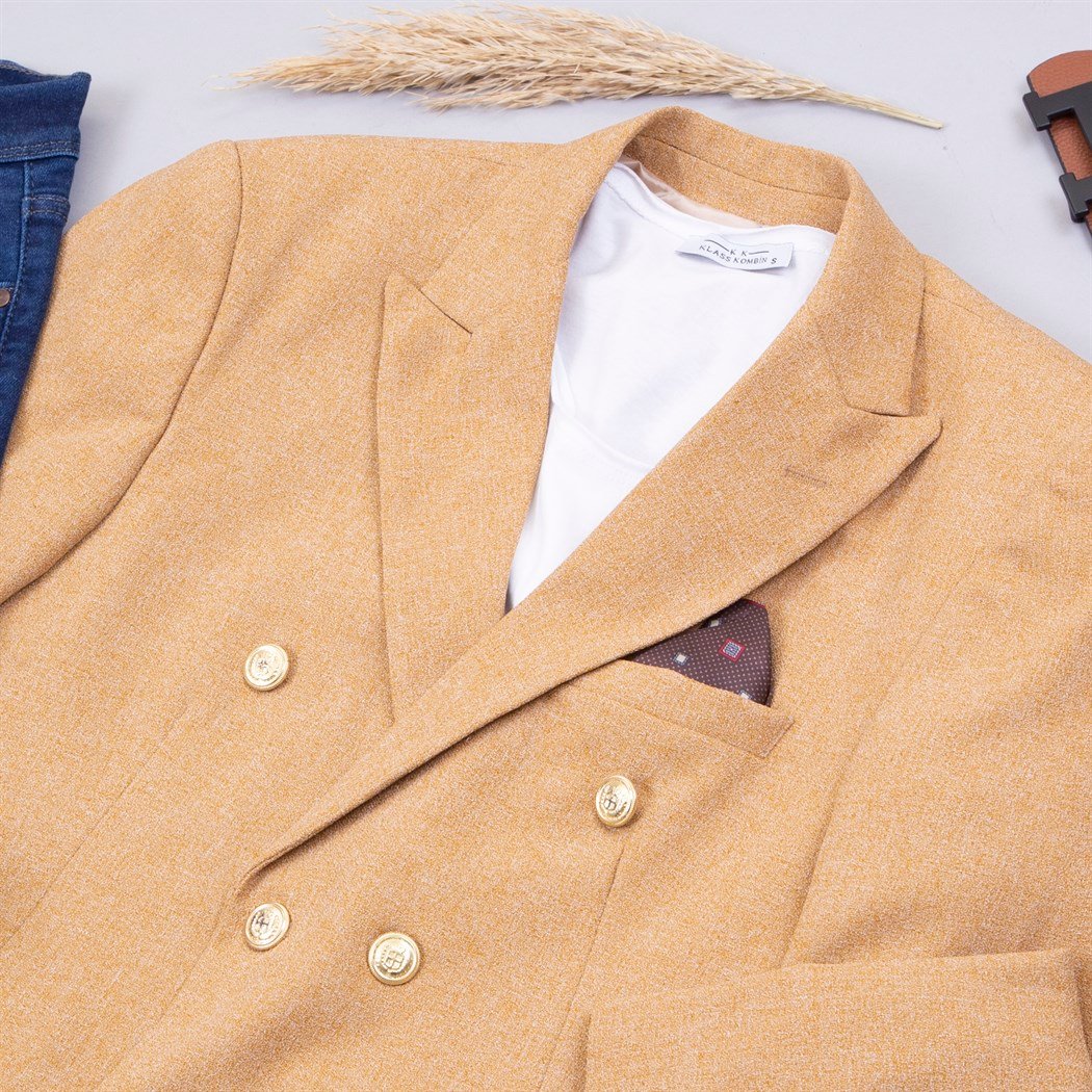 Hardal Kruvaze Ceket Tişört Pantolon Ayakkabı Kombin