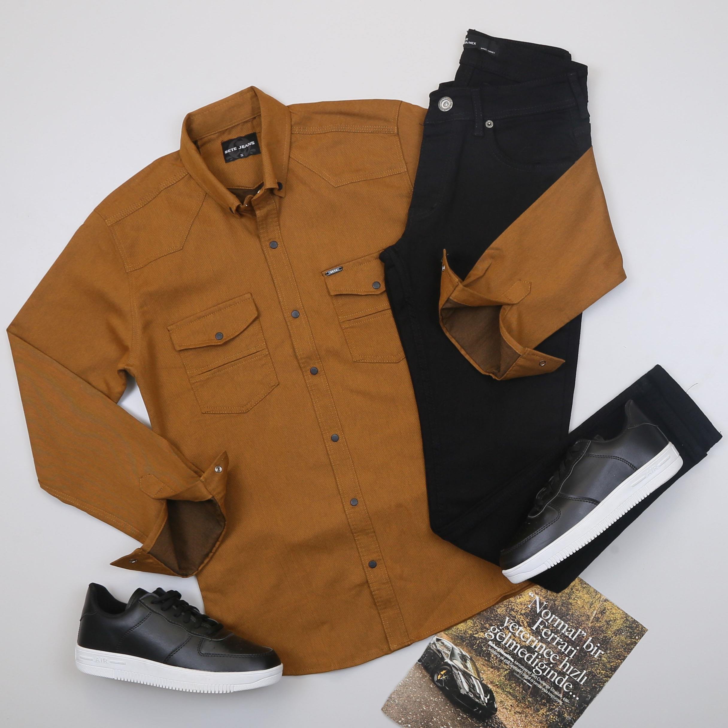 Hardal Pamuklu Kot Gömlek Tişört Pantolon Ayakkabı Kombin