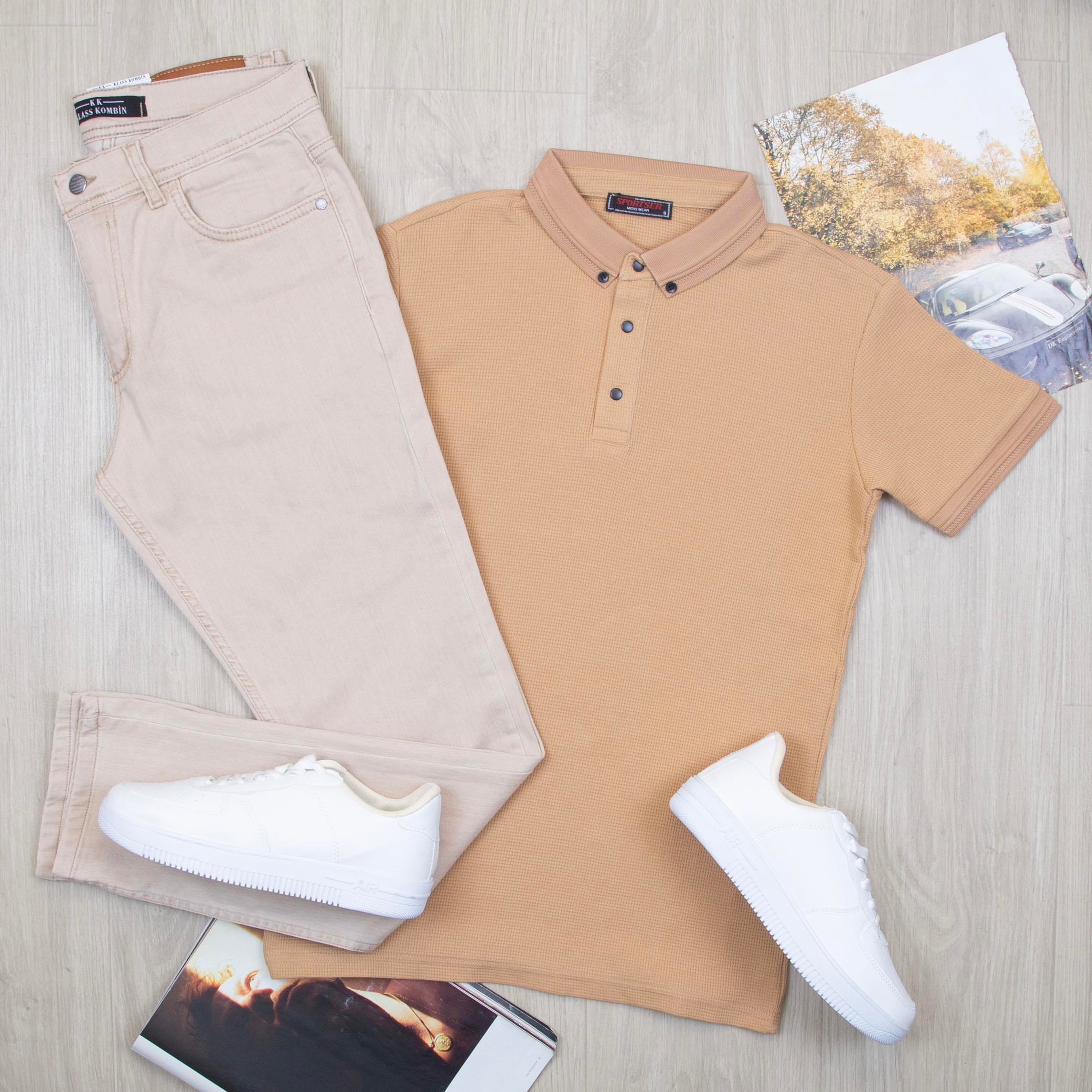 Hardal Polo Yaka Tişört Pantolon Ayakkabı Kombin