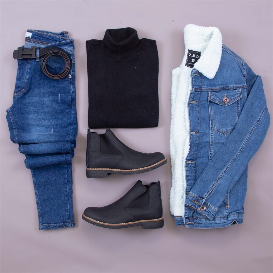 İçi Kürklü Kot Ceket Kazak Pantolon Bot Kombin