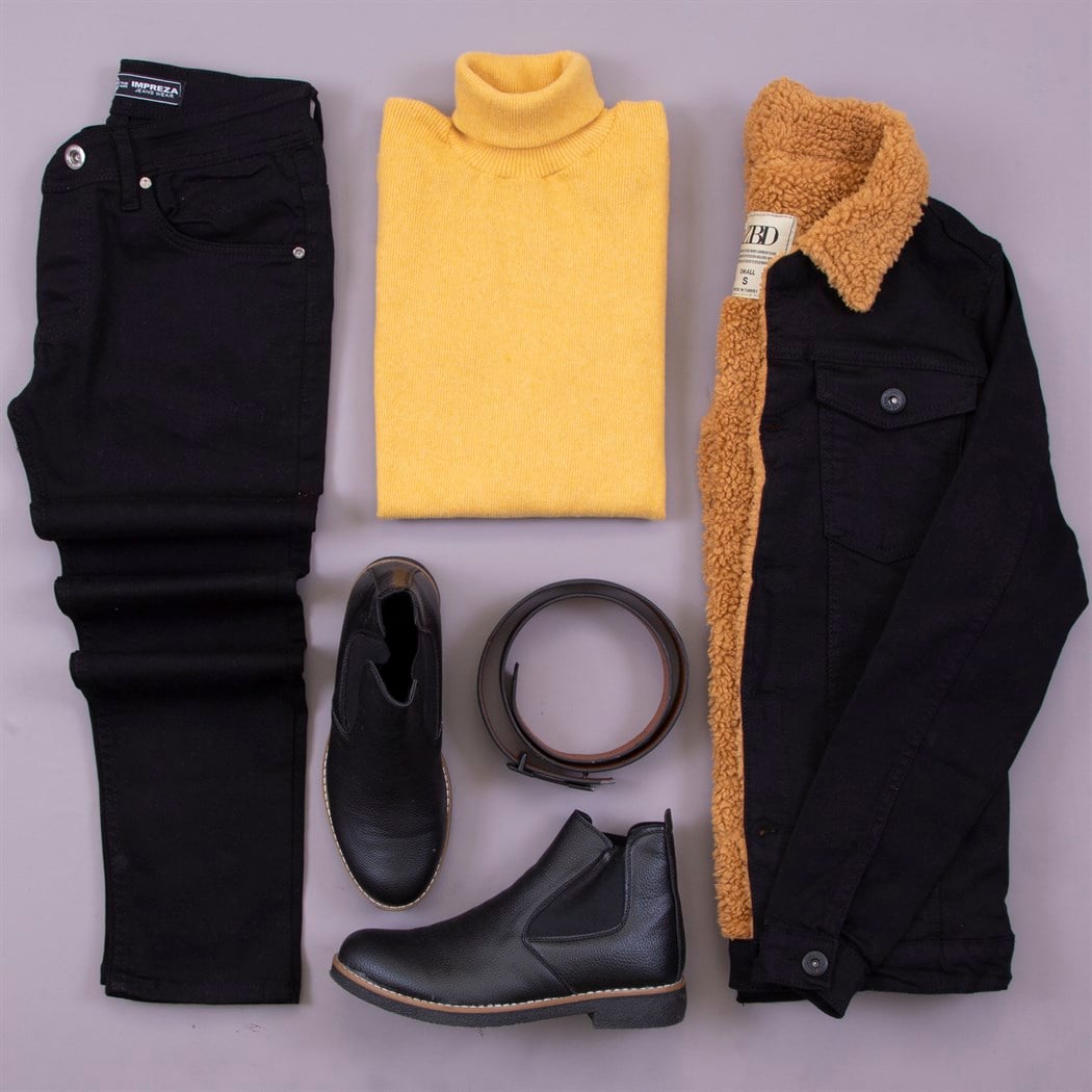 İçi Kürklü Siyah Kot Ceket Kazak Pantolon Bot  Kombin