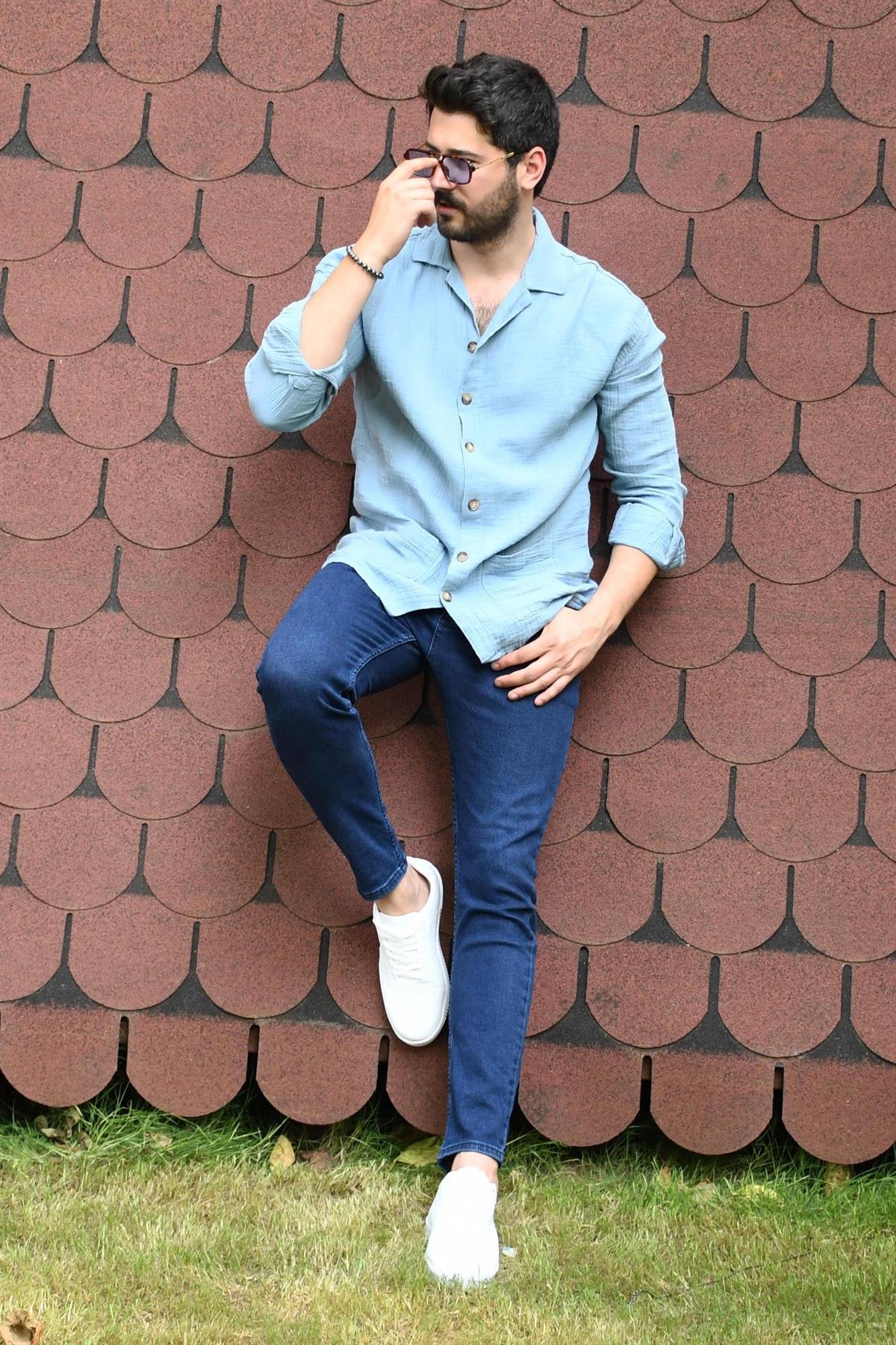 İndigo Mavi Gömlekli Şık Spor Kombin