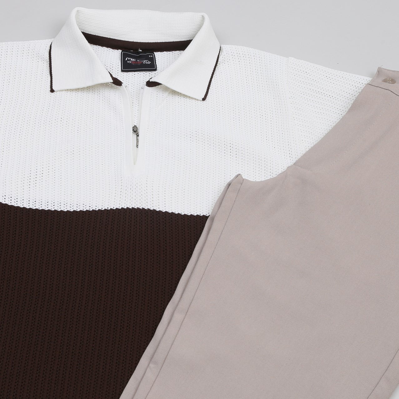 Kahve Beyaz Triko Polo Yaka Tişört Pantolon Kombini Erkek | Slim Fit Şık Günlük Set