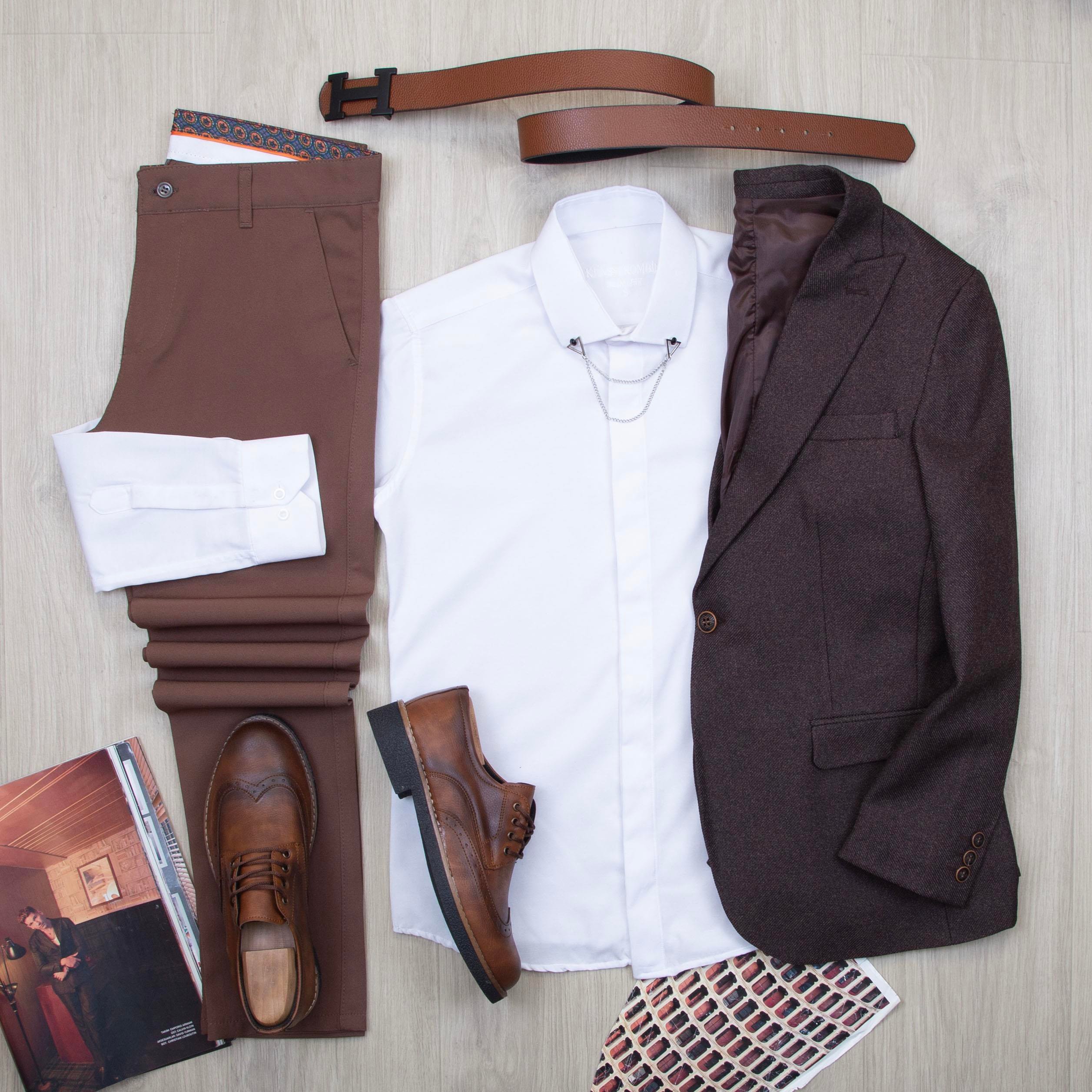 Kahve Blazer Ceket Gömlek Pantolon Ayakkabı Kombin
